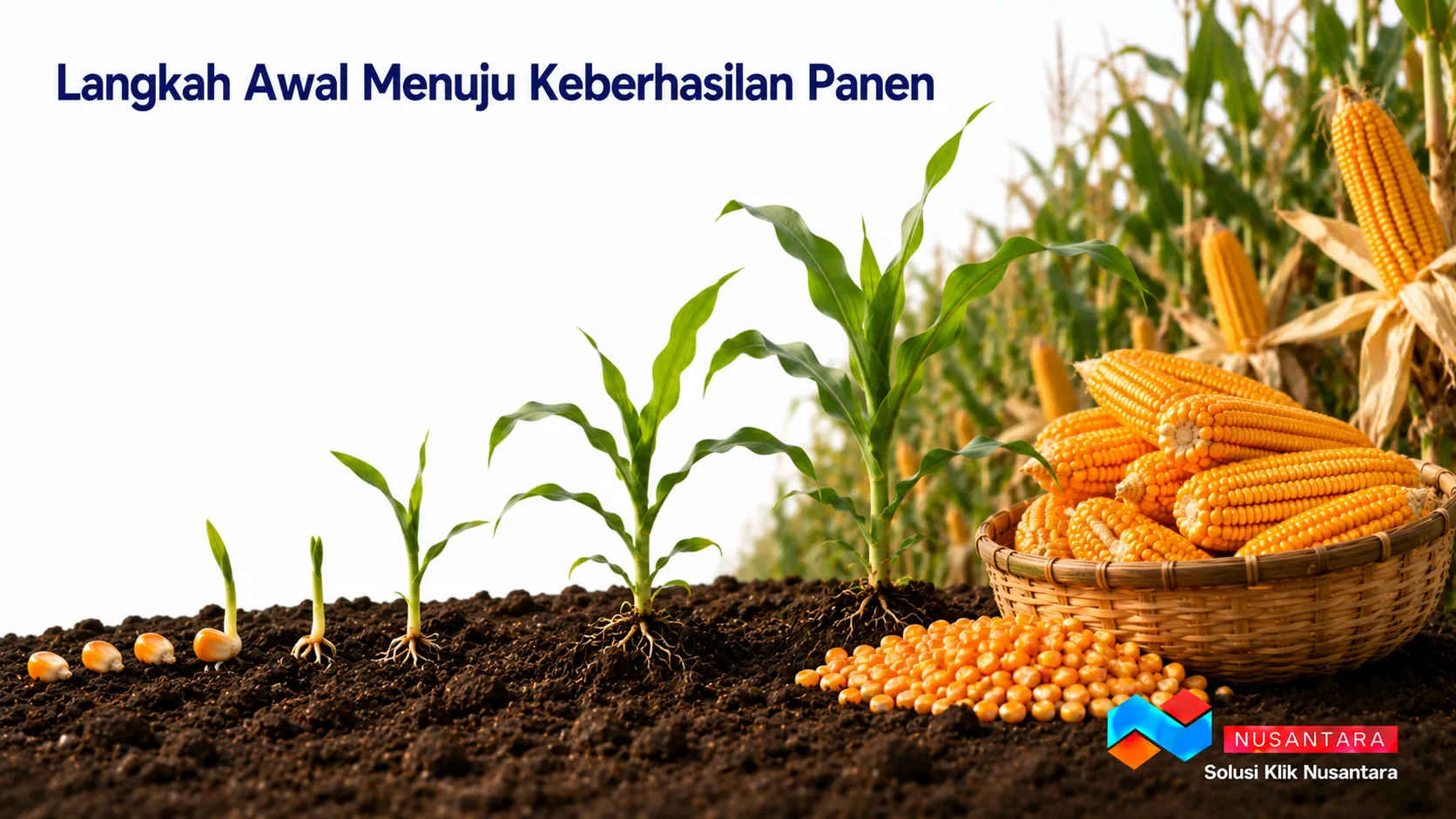 Banner menampilkan benih jagung, bibit yang mulai tumbuh, tanaman jagung sehat, dan tongkol jagung hasil panen sebagai ilustrasi langkah awal menuju keberhasilan panen, dilengkapi logo Solusi Klik Nusantara di pojok kanan bawah.