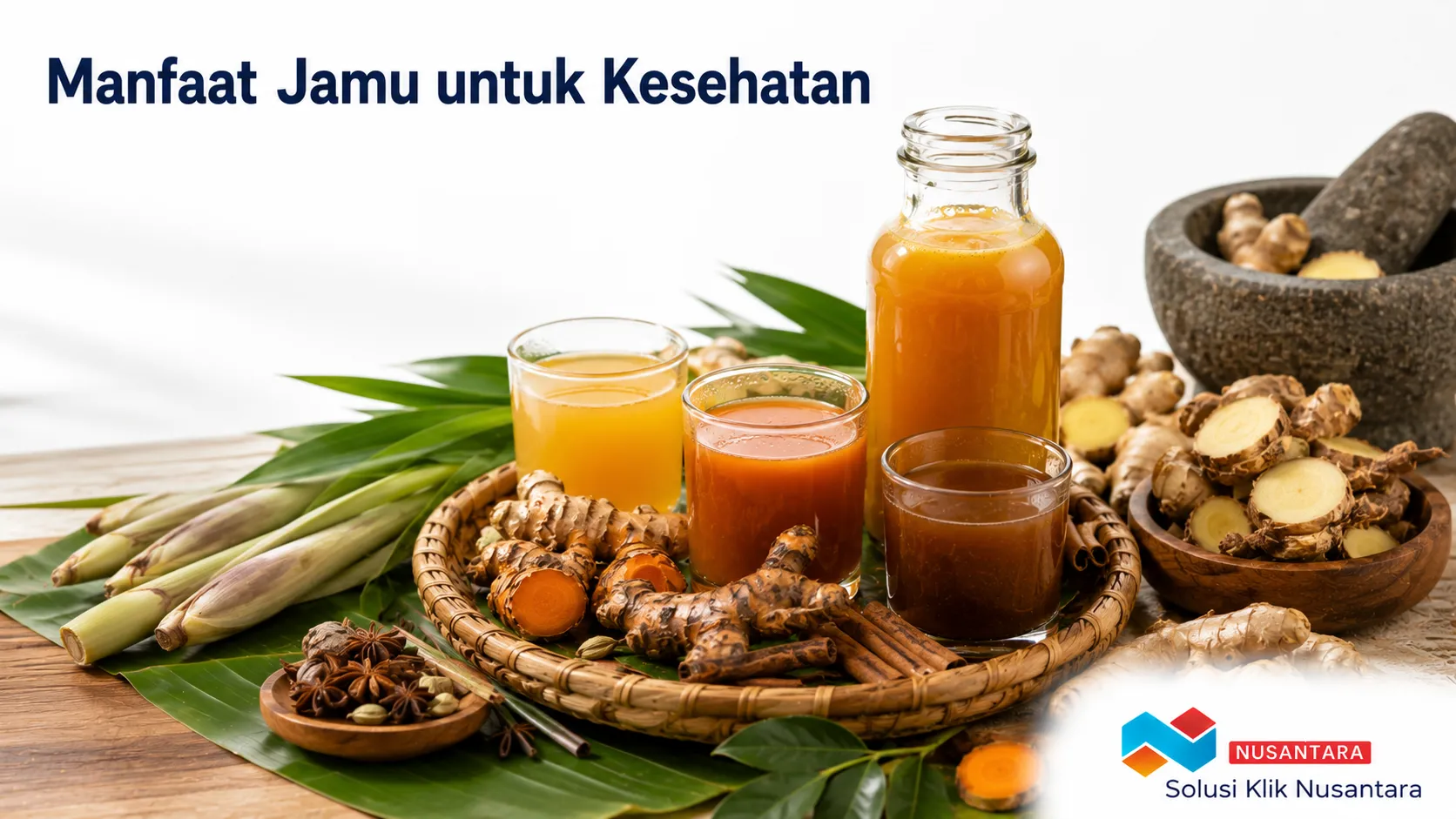 Aneka jamu tradisional berbahan rempah alami seperti jahe, kunyit, temulawak, dan serai sebagai pelengkap gaya hidup sehat.