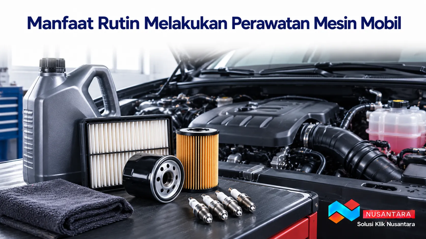 Banner menampilkan oli mesin, filter udara, filter oli, busi, dan ruang mesin mobil sebagai ilustrasi manfaat rutin melakukan perawatan mesin mobil, dilengkapi logo Solusi Klik Nusantara di pojok kanan bawah.
