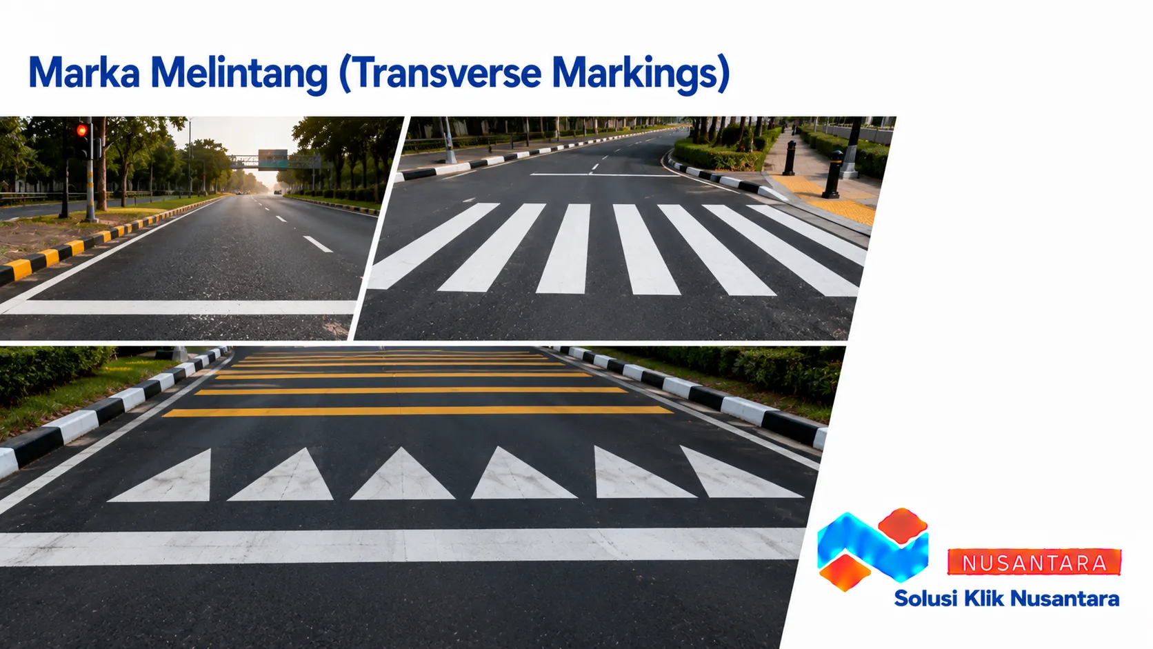 Marka melintang berupa garis henti dan zebra cross pada persimpangan jalan yang berfungsi mengatur batas berhenti serta area penyeberangan.