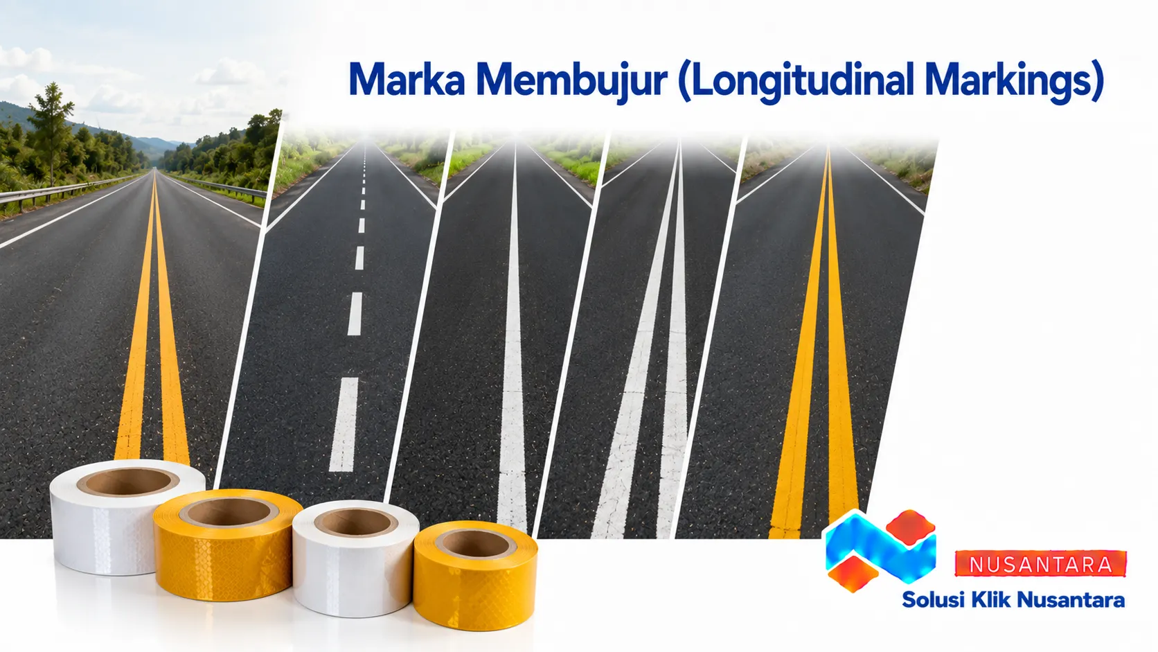 Marka membujur berupa garis putih utuh dan putus-putus pada permukaan jalan yang berfungsi mengatur lajur serta manuver kendaraan.
