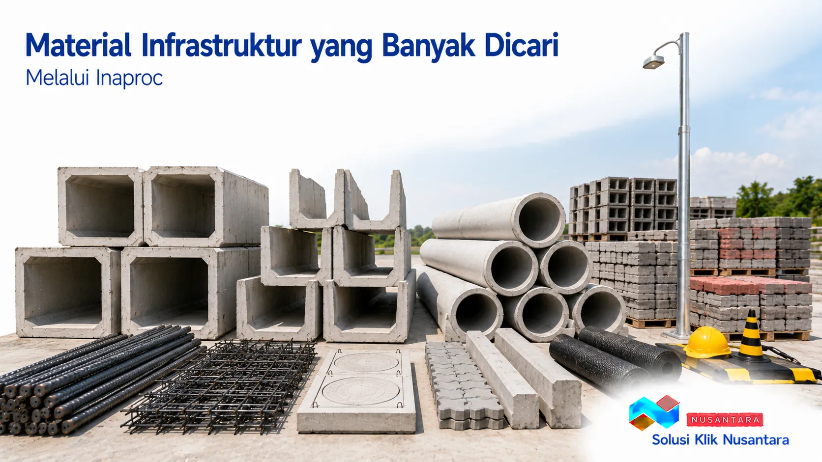 Beragam material infrastruktur seperti box culvert, U-ditch, pipa beton, dan paving block yang tersedia melalui Inaproc.