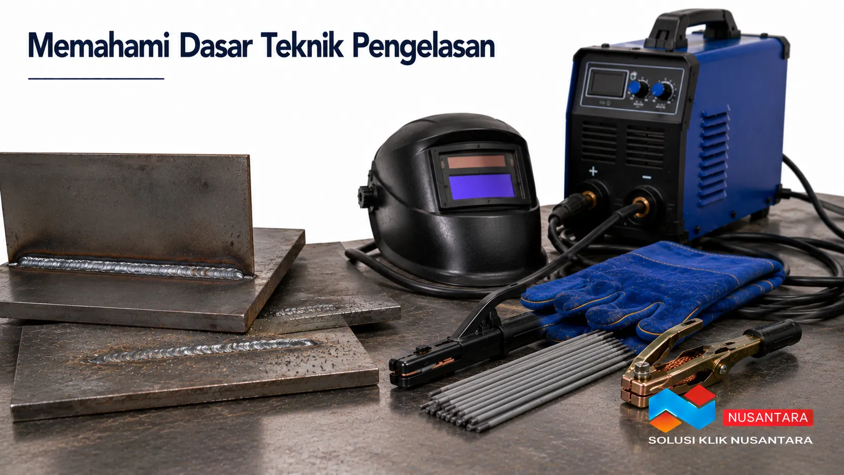 Peralatan las lengkap dengan mesin las, elektroda, klem massa, dan pelat logam sebagai pendukung dasar teknik pengelasan.