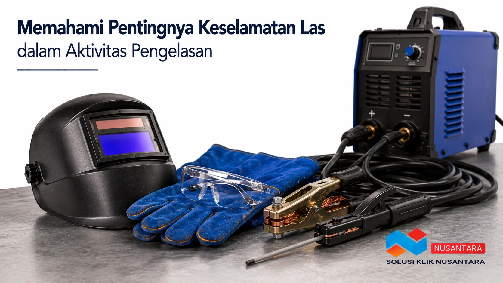 Peralatan keselamatan las seperti helm las, sarung tangan, dan mesin las untuk mendukung proses pengelasan yang aman dan stabil.