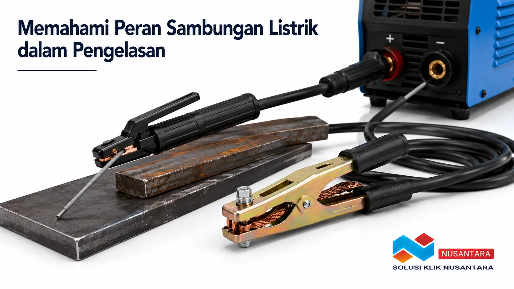 Klem massa, kabel las, dan mesin las terhubung pada benda kerja sebagai bagian dari sistem sambungan listrik dalam proses pengelasan.