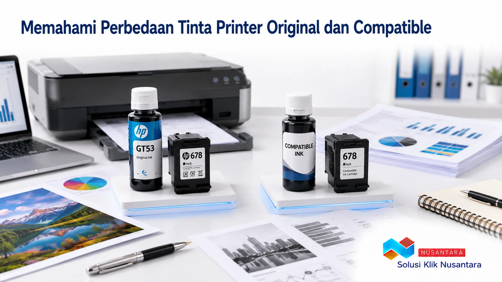 Perbandingan tinta printer original dan compatible untuk membantu memilih produk sesuai kebutuhan cetak.