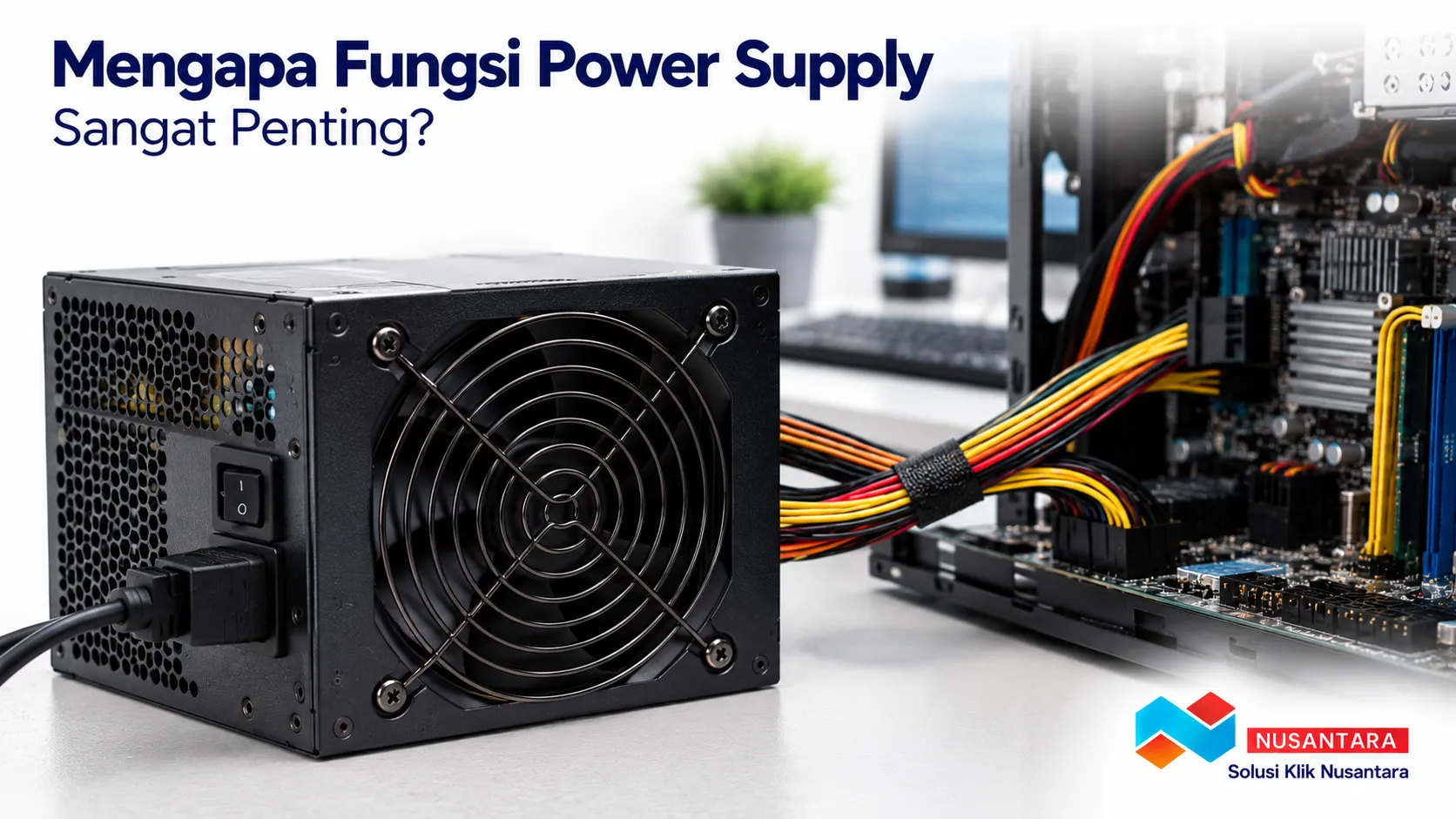 Banner menampilkan foto realistis power supply yang terhubung ke komponen komputer sebagai ilustrasi pentingnya fungsi power supply, dengan logo Solusi Klik Nusantara di pojok kanan bawah.
