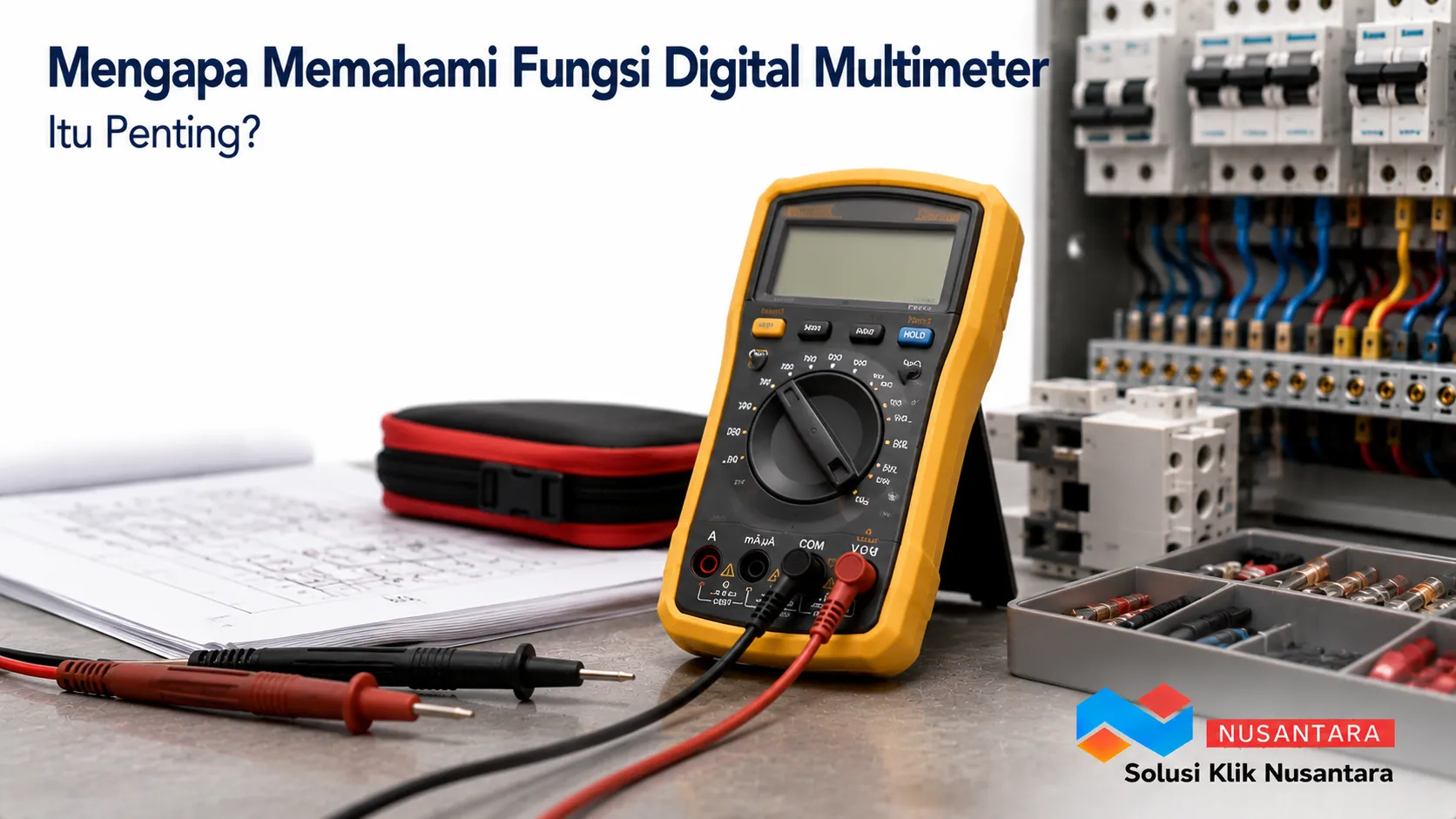 Digital multimeter dengan probe pengukuran di meja kerja teknisi sebagai ilustrasi pentingnya memahami fungsi alat ukur listrik sebelum digunakan.