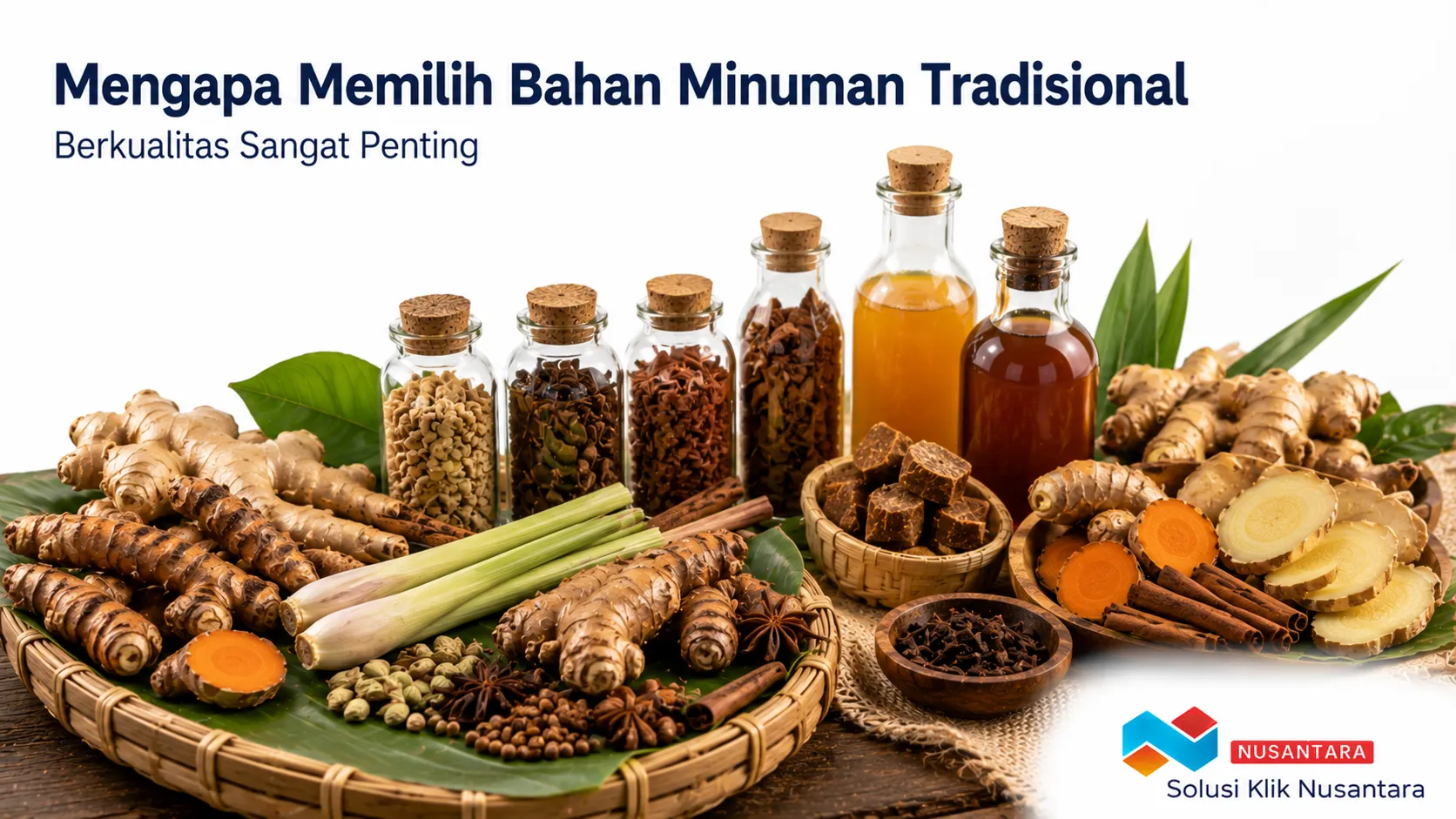Bahan minuman tradisional berkualitas seperti jahe, kunyit, serai, kayu manis, cengkeh, dan gula aren yang menjadi dasar cita rasa autentik minuman herbal Indonesia.