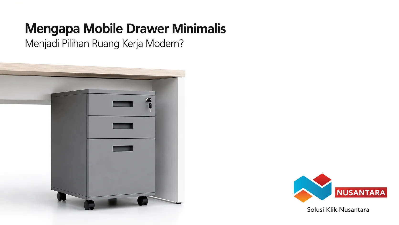 Mobile drawer minimalis berbahan metal dengan tiga laci untuk penyimpanan dokumen di ruang kerja modern.