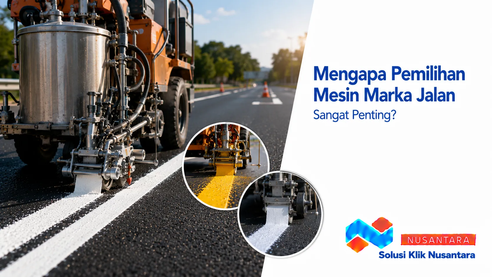 Mesin marka jalan thermoplastic dan airless tersusun di atas permukaan jalan sebagai peralatan utama untuk menghasilkan marka jalan yang presisi dan sesuai spesifikasi proyek.