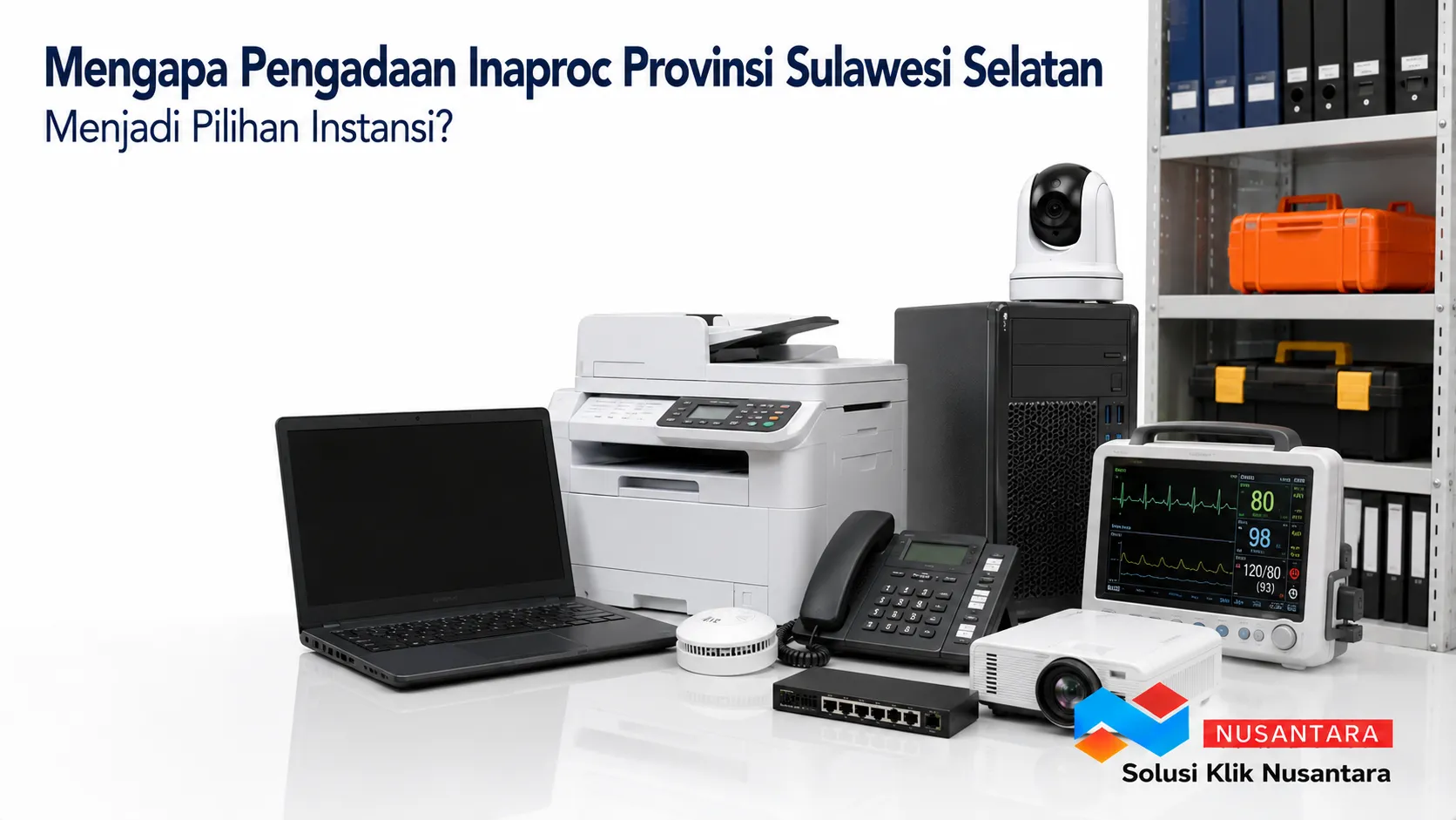 Beragam produk pengadaan pemerintah seperti perangkat TI, peralatan kantor, dan alat kesehatan sebagai ilustrasi pengadaan melalui INAPROC Provinsi Sulawesi Selatan.