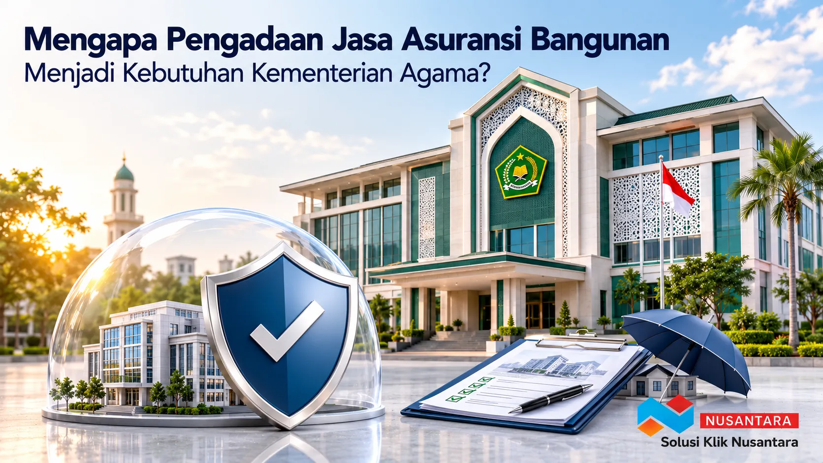 Ilustrasi gedung Kementerian Agama dengan perlindungan asuransi sebagai simbol pengadaan jasa asuransi bangunan untuk aset pemerintah.