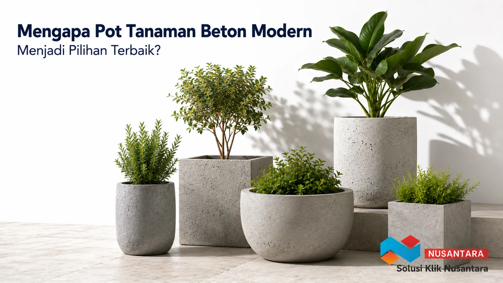 Pot tanaman beton modern dengan berbagai ukuran dan desain minimalis untuk kebutuhan taman serta ruang publik.