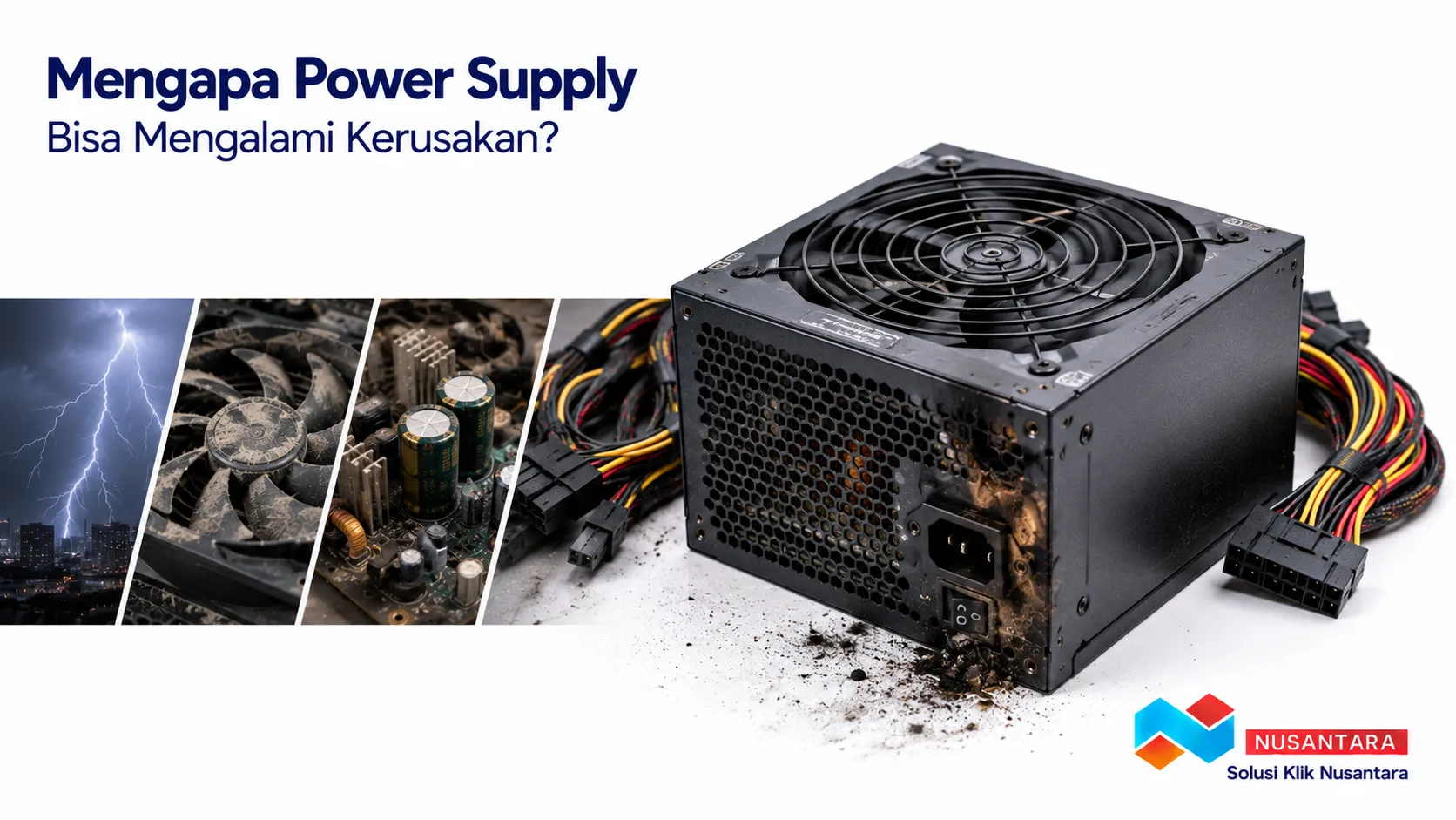 Banner menampilkan foto realistis power supply dengan tanda kerusakan pada komponen sebagai ilustrasi penyebab gangguan, disertai logo Solusi Klik Nusantara di pojok kanan bawah.