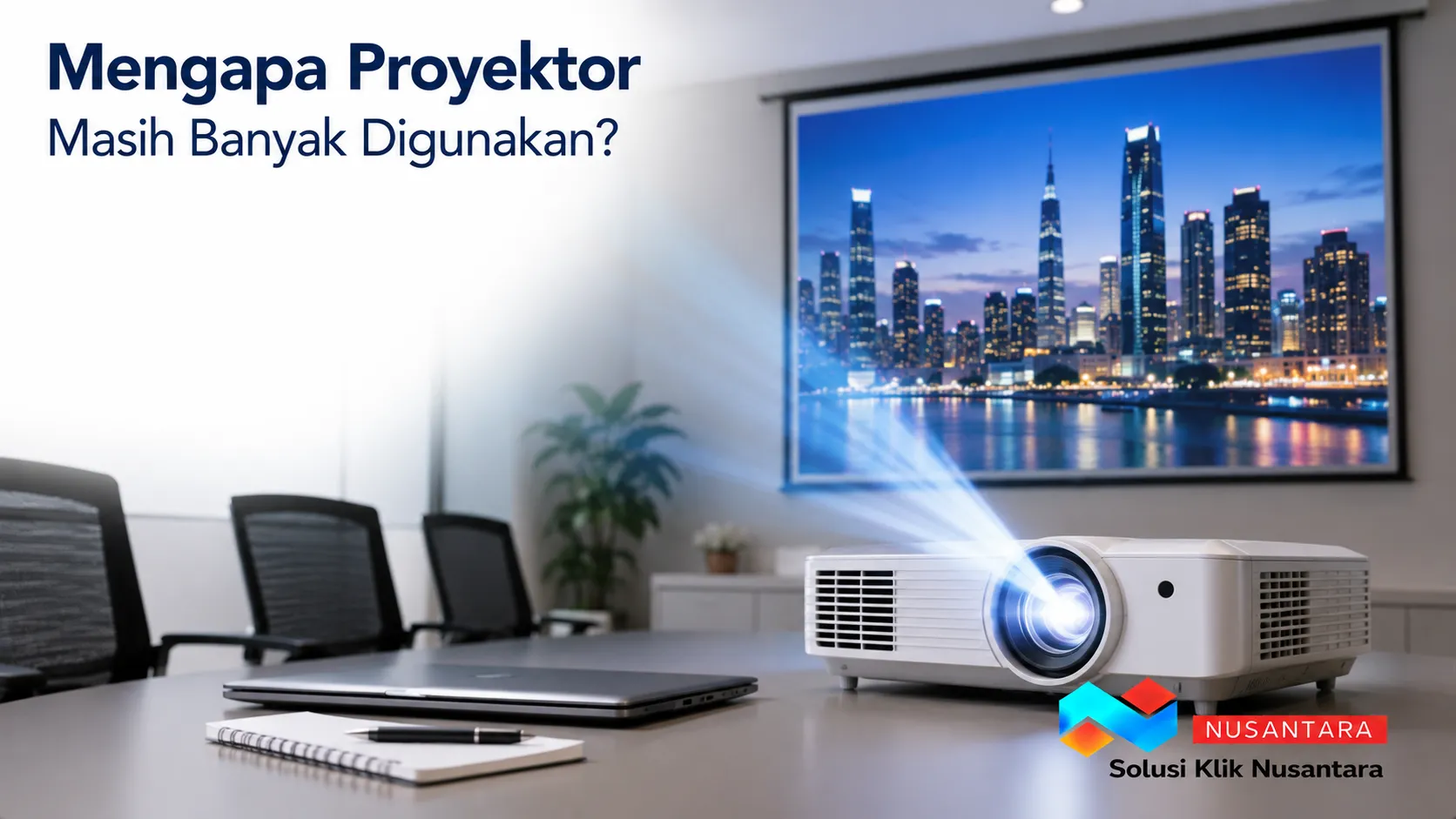Proyektor modern di ruang rapat menampilkan visual berukuran besar sebagai ilustrasi fungsi proyektor untuk presentasi dan pembelajaran.
