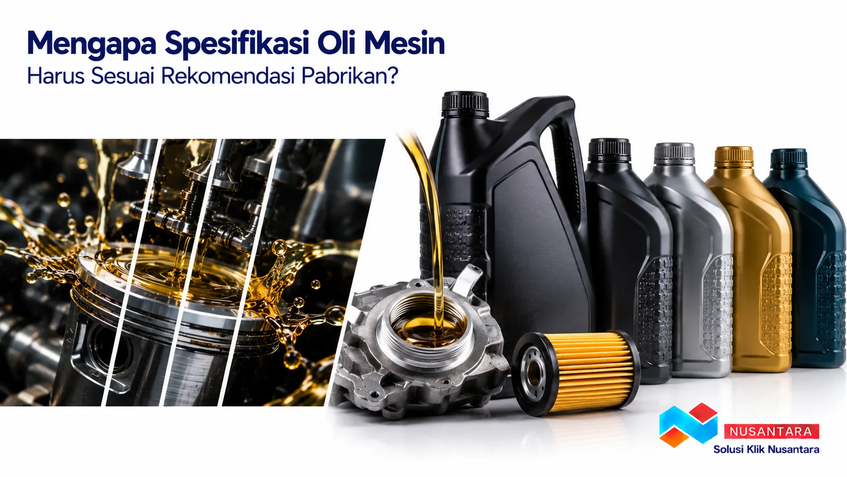 Botol oli mesin dan komponen mesin mobil sebagai ilustrasi pentingnya memilih spesifikasi oli sesuai rekomendasi pabrikan.