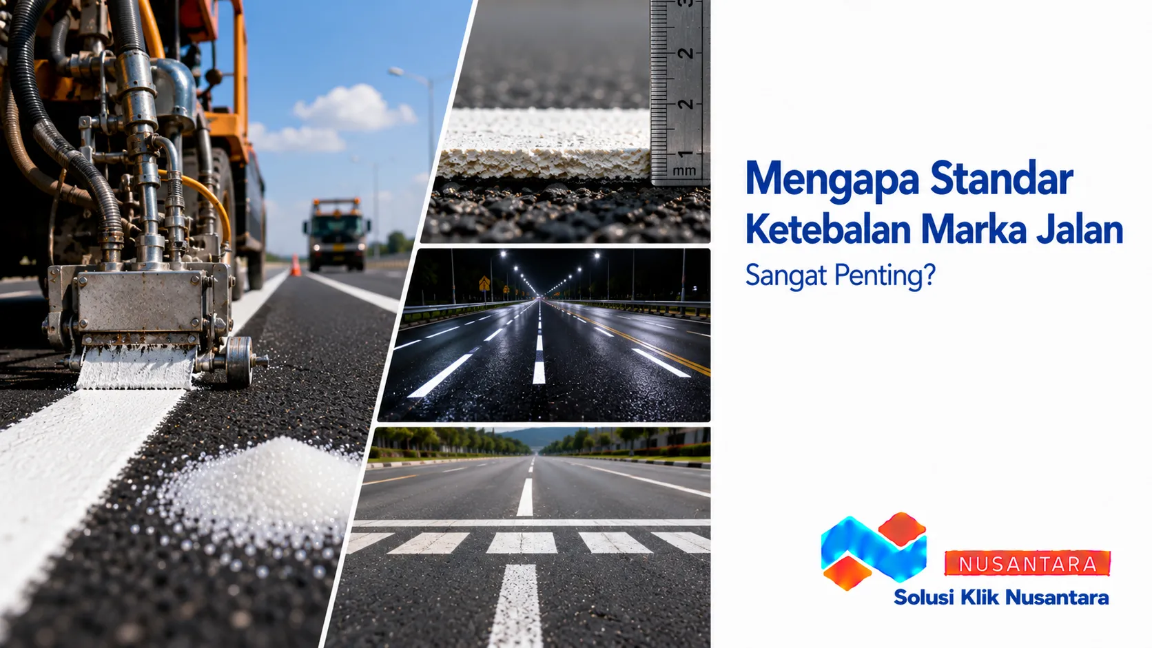 Proses aplikasi marka jalan thermoplastic pada permukaan aspal menggunakan mesin marka jalan untuk menghasilkan garis dengan ketebalan yang seragam sesuai standar.