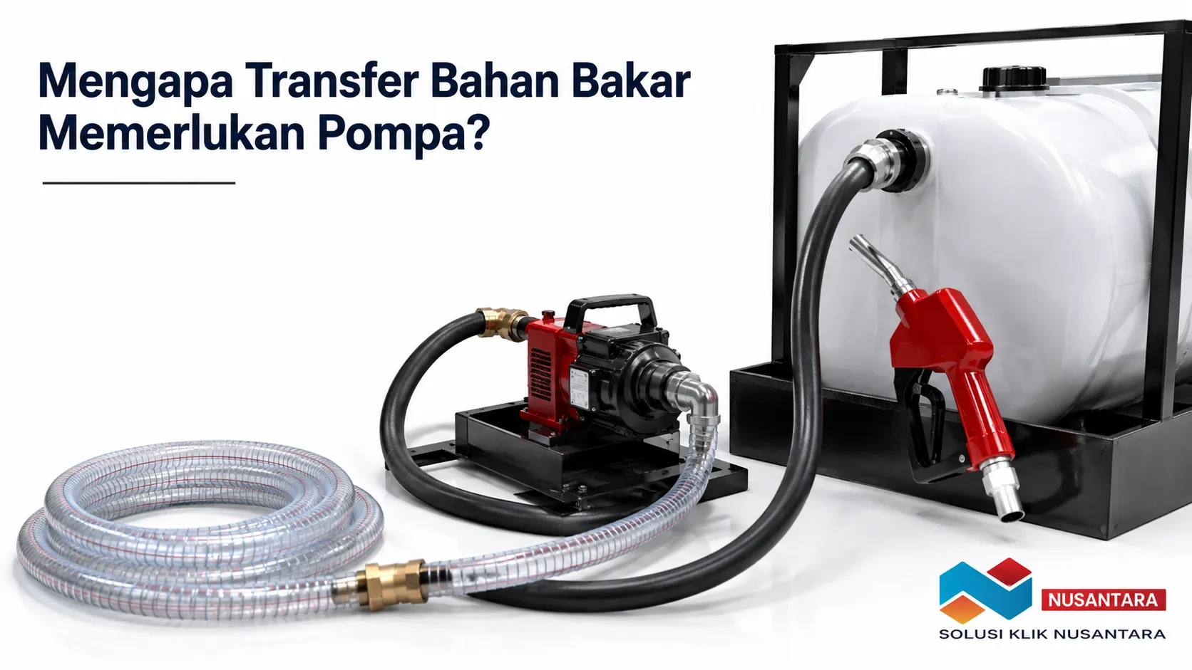 Gasoline pump terhubung dengan tangki penyimpanan, selang transfer, dan nozzle dalam sistem transfer bahan bakar dengan tampilan realistis.