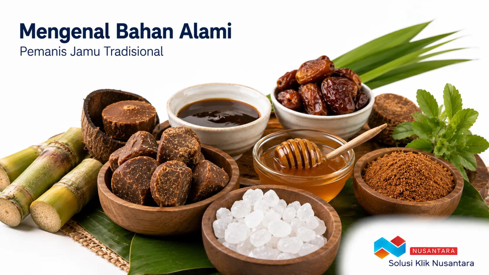 Bahan alami pemanis jamu tradisional seperti gula aren, madu, gula kelapa, gula batu, sari kurma, dan stevia yang digunakan untuk memperkaya cita rasa minuman herbal.