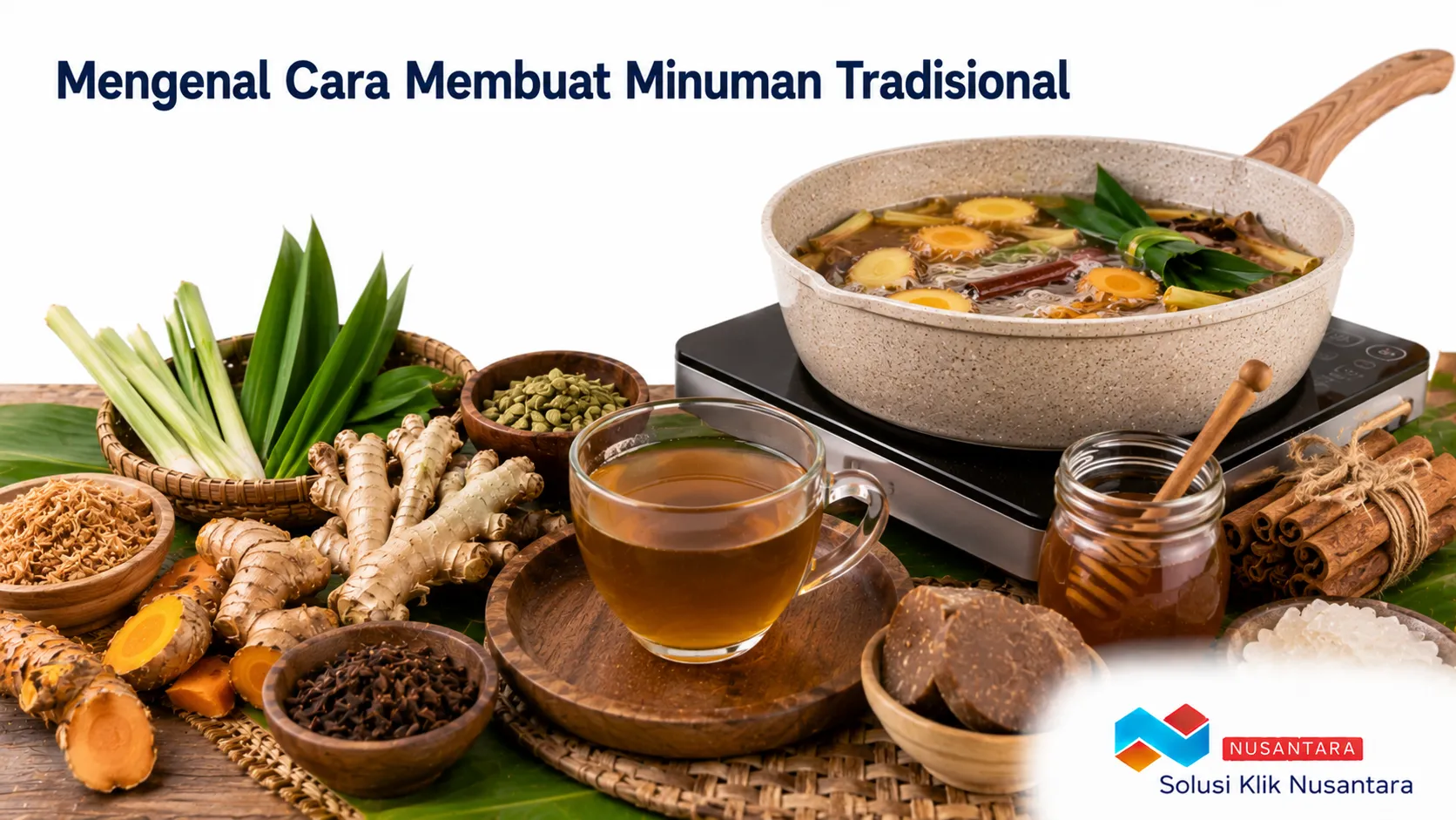 Proses pembuatan minuman tradisional menggunakan rempah segar seperti jahe, kunyit, serai, dan kayu manis yang direbus untuk menghasilkan cita rasa khas Nusantara.