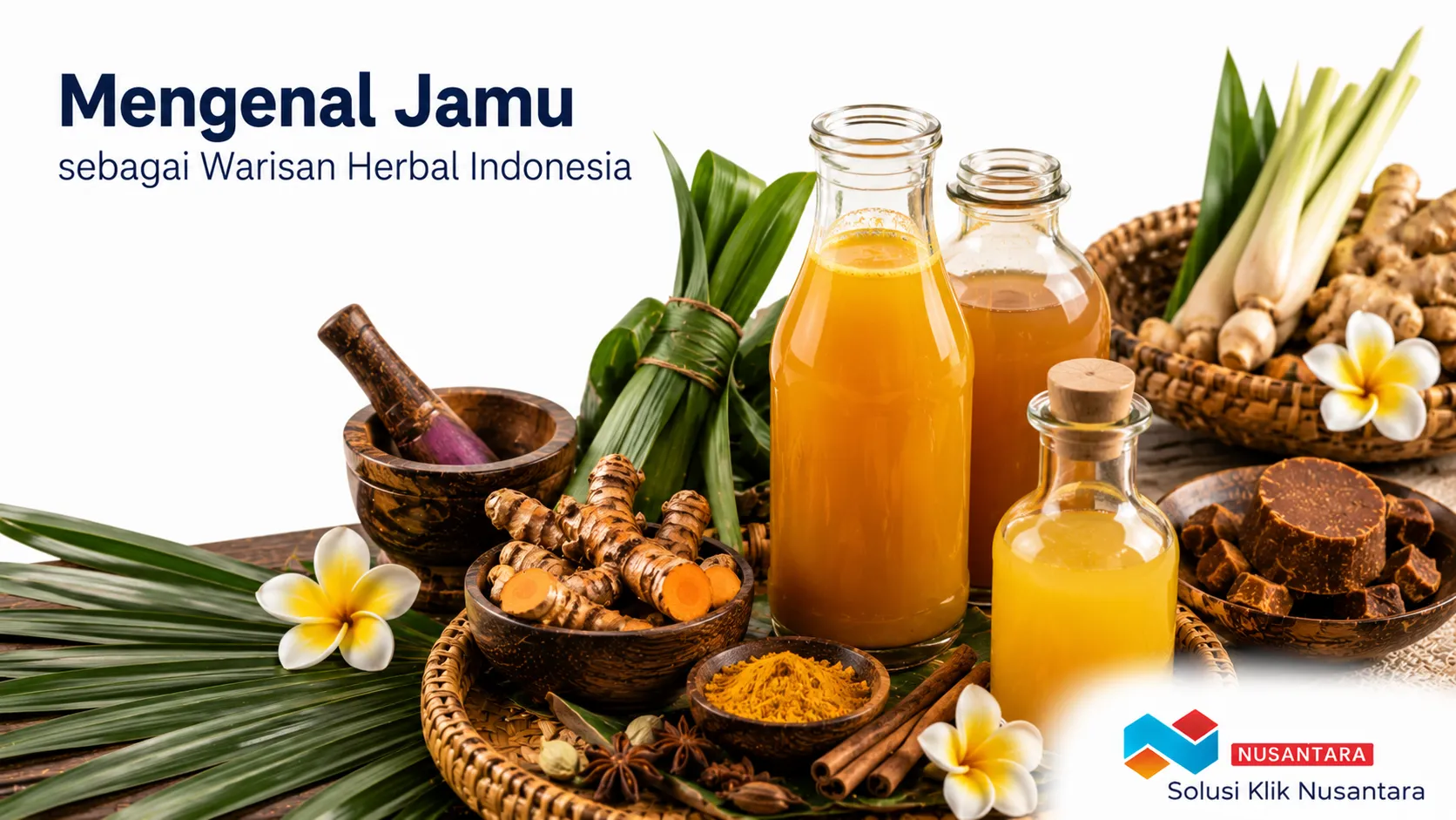 Aneka jamu tradisional berbahan rempah alami seperti kunyit, jahe, temulawak, dan serai yang mencerminkan warisan herbal khas Indonesia.