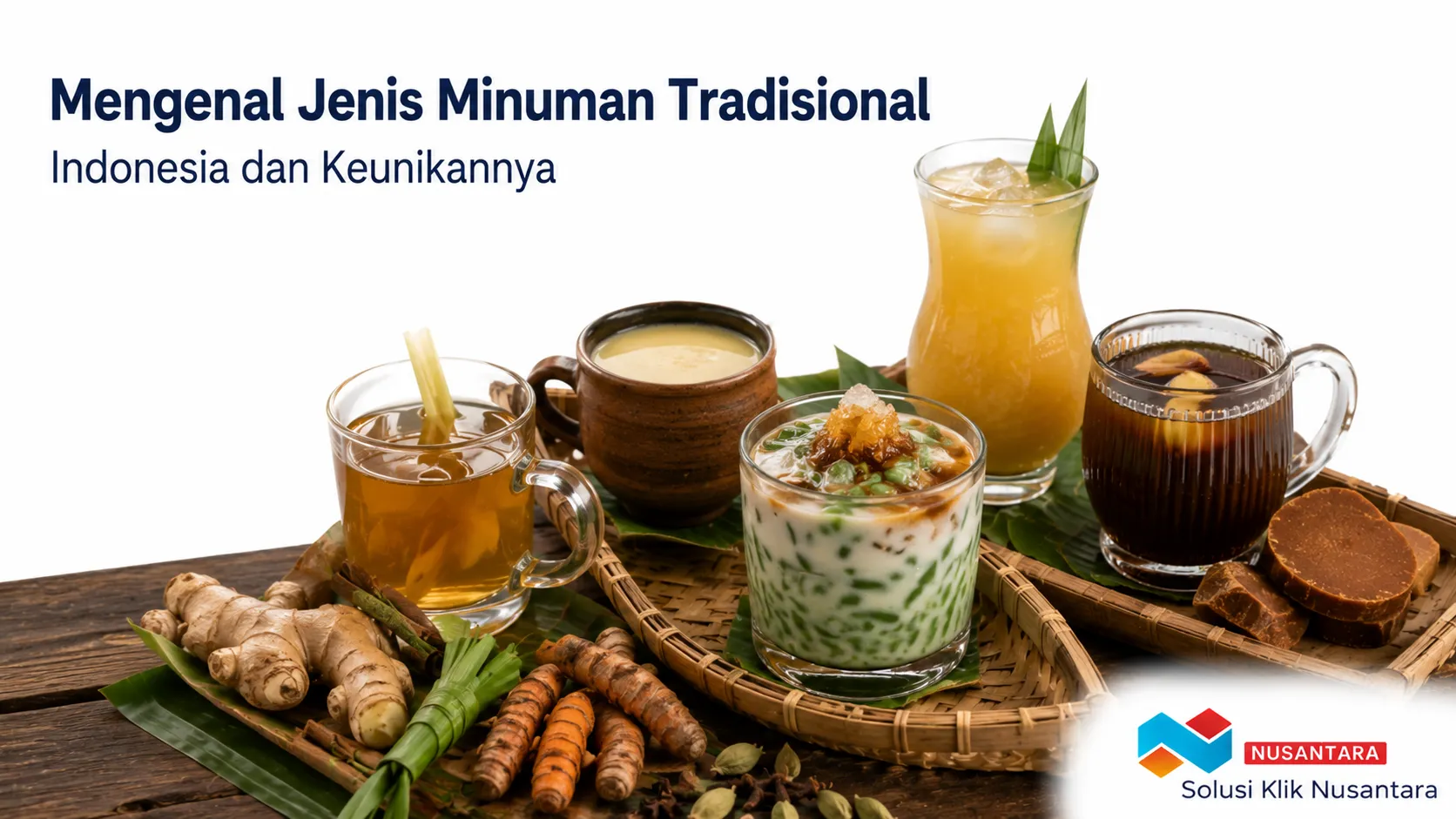 Aneka minuman tradisional Indonesia seperti wedang jahe, bajigur, jamu, dan es cendol yang menampilkan kekayaan cita rasa khas Nusantara.