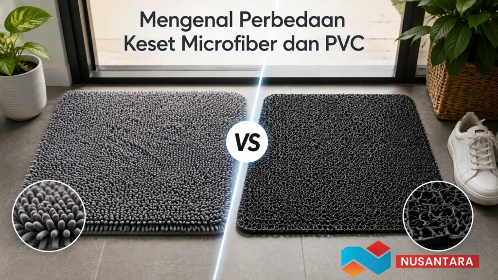 Banner perbandingan keset microfiber dan PVC dengan tampilan produk realistis.