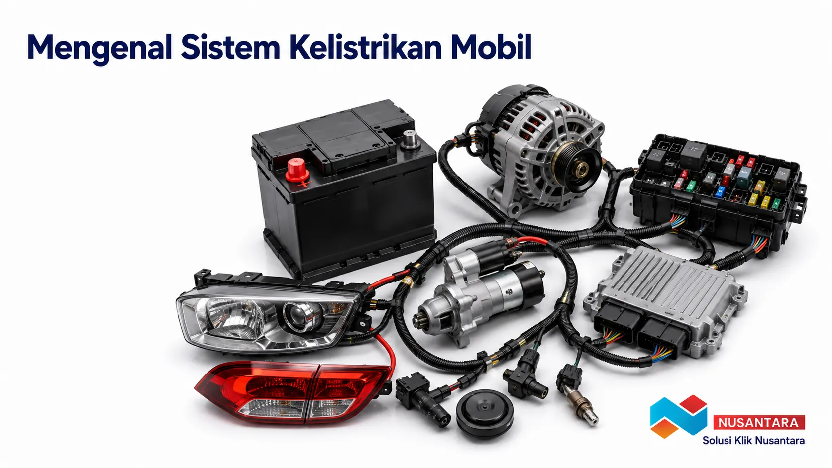 Banner menampilkan komponen utama sistem kelistrikan mobil secara realistis, seperti aki, alternator, ECU, starter motor, dan wiring harness, dengan logo Solusi Klik Nusantara di pojok kanan bawah.
