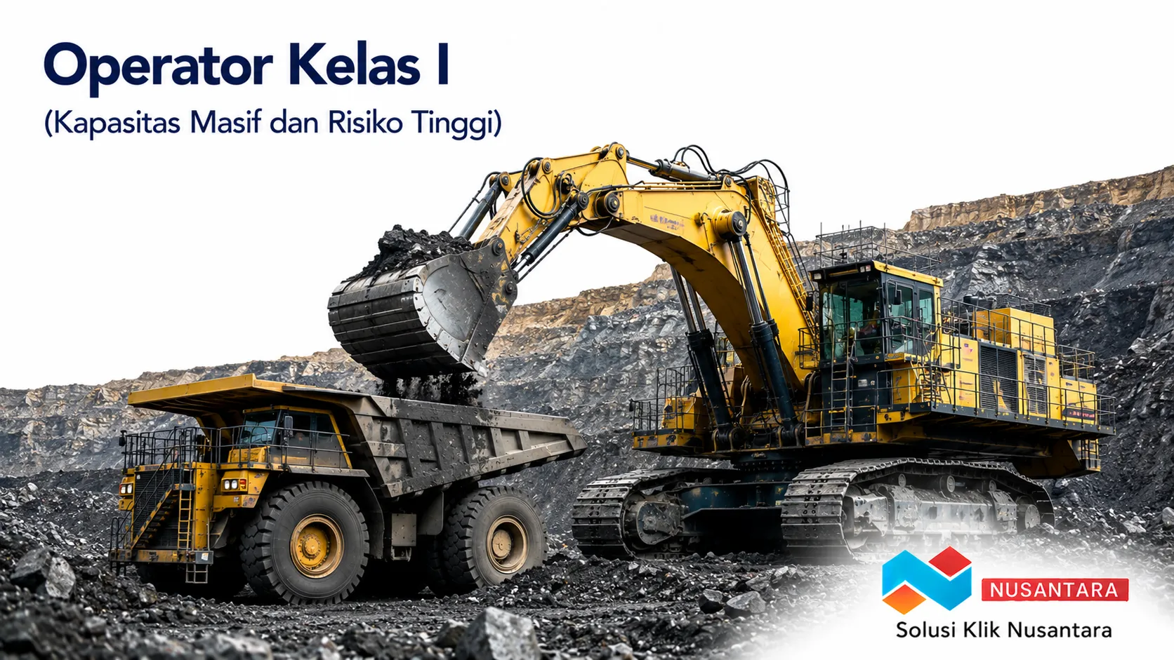Excavator tambang dan dump truck berkapasitas besar untuk mendukung operasional operator alat berat Kelas I di area pertambangan.