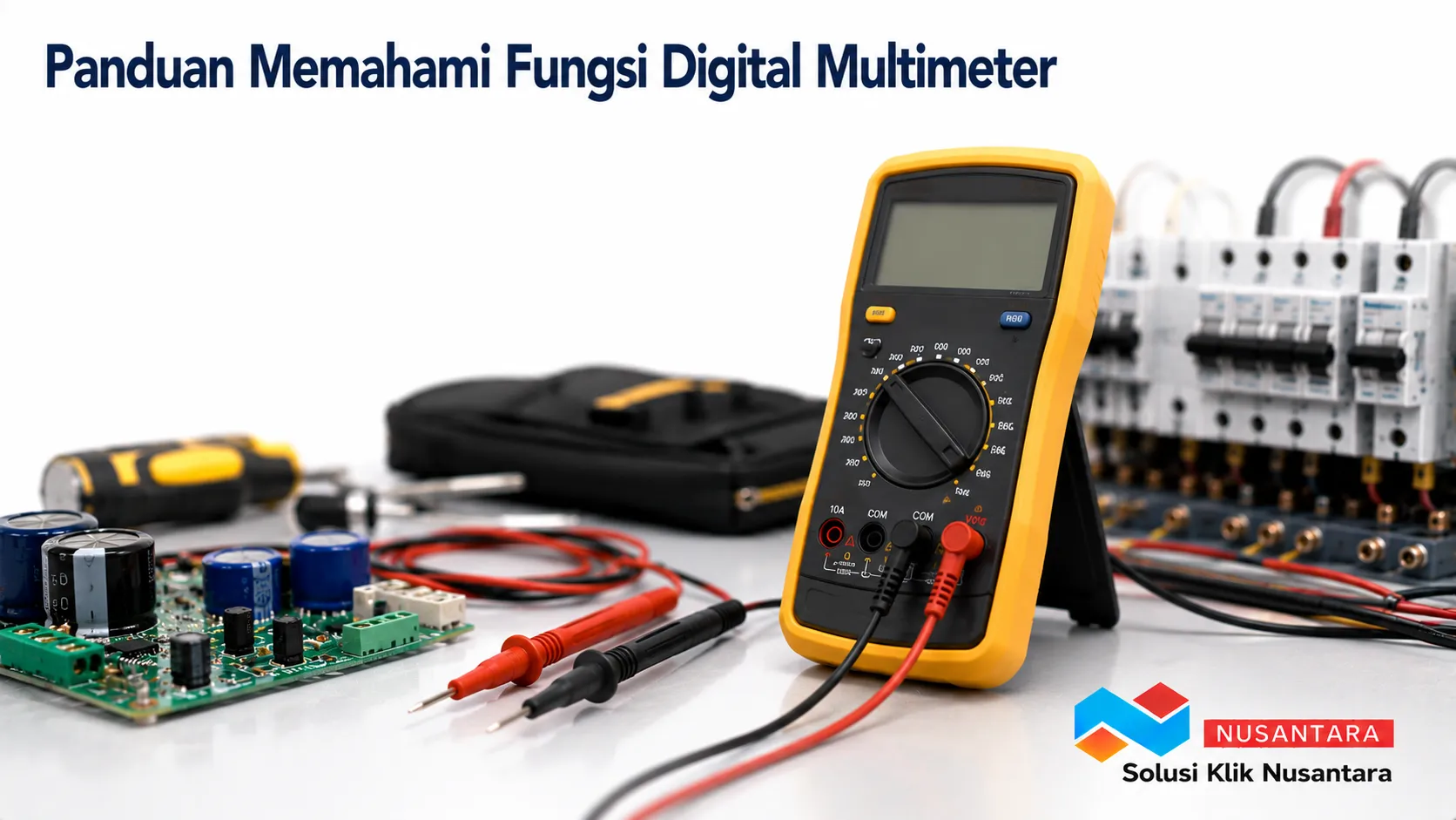 Digital multimeter dengan probe dan komponen elektronik di meja kerja sebagai ilustrasi panduan memahami fungsi alat ukur listrik.