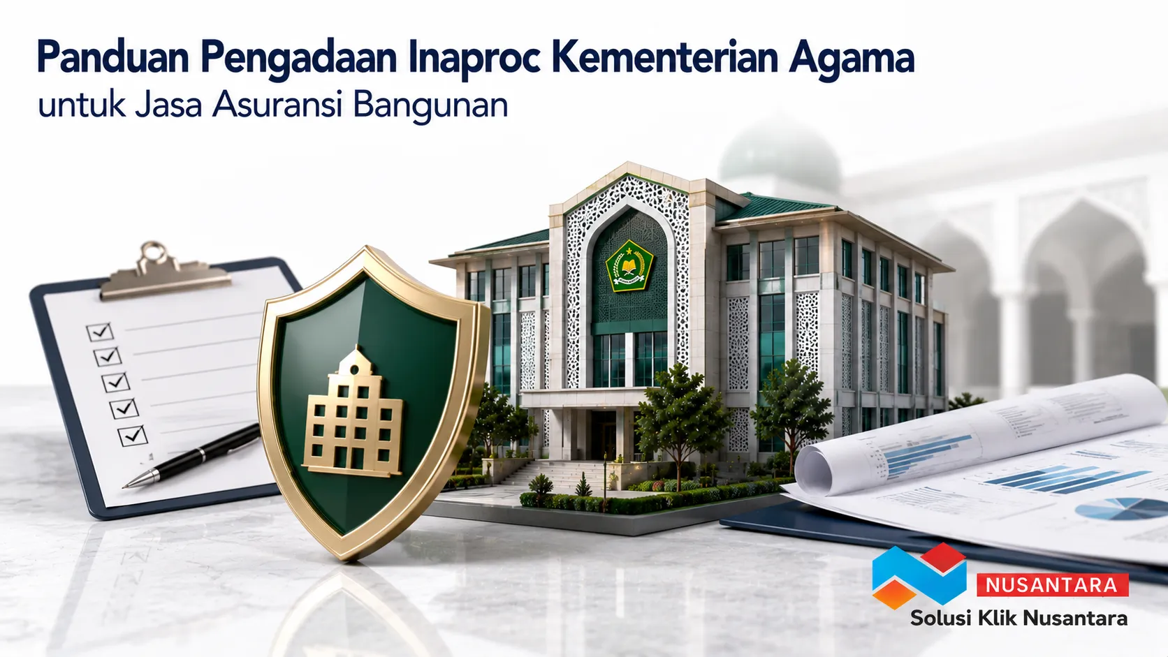 Ilustrasi proses pengadaan jasa asuransi bangunan melalui INAPROC Kementerian Agama untuk perlindungan aset pemerintah.