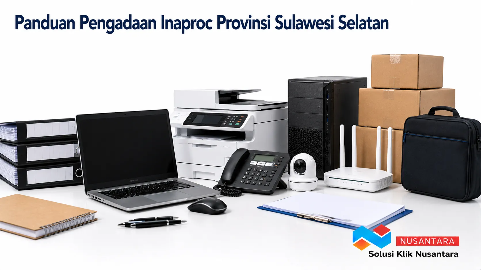 Banner Panduan Pengadaan Inaproc Provinsi Sulawesi Selatan dengan tampilan perlengkapan kantor modern yang merepresentasikan proses pengadaan barang dan jasa pemerintah secara profesional.