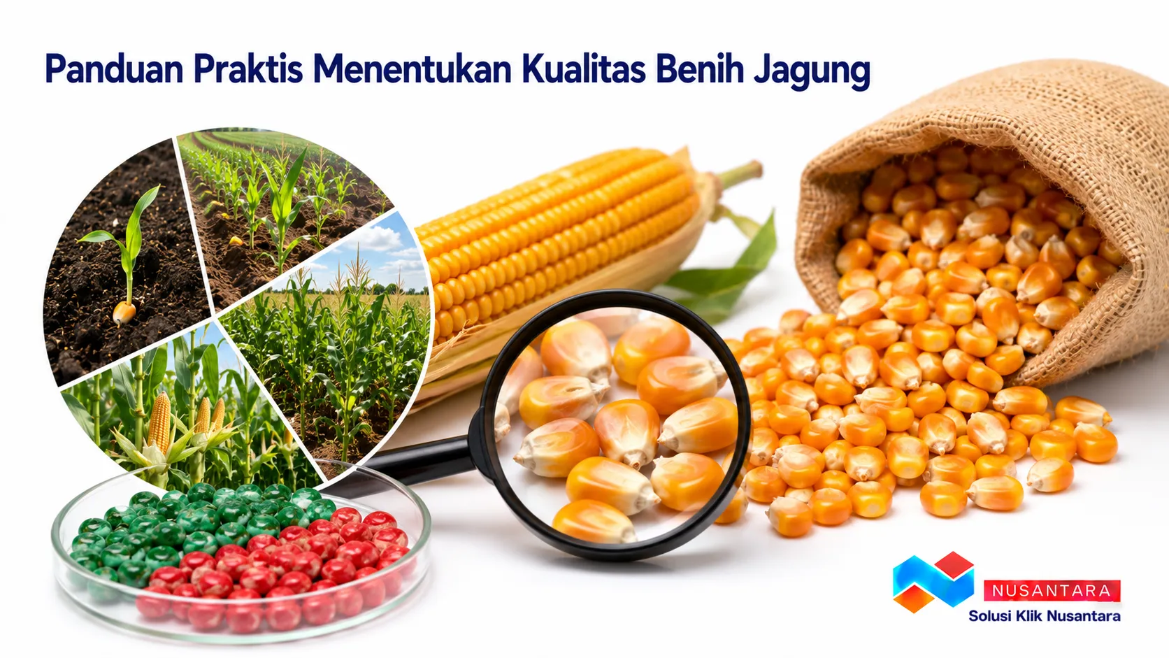 Banner menampilkan benih jagung bersertifikat, tongkol jagung, dan ilustrasi tahap pertumbuhan tanaman sebagai panduan menentukan kualitas benih jagung, dilengkapi logo Solusi Klik Nusantara di pojok kanan bawah.