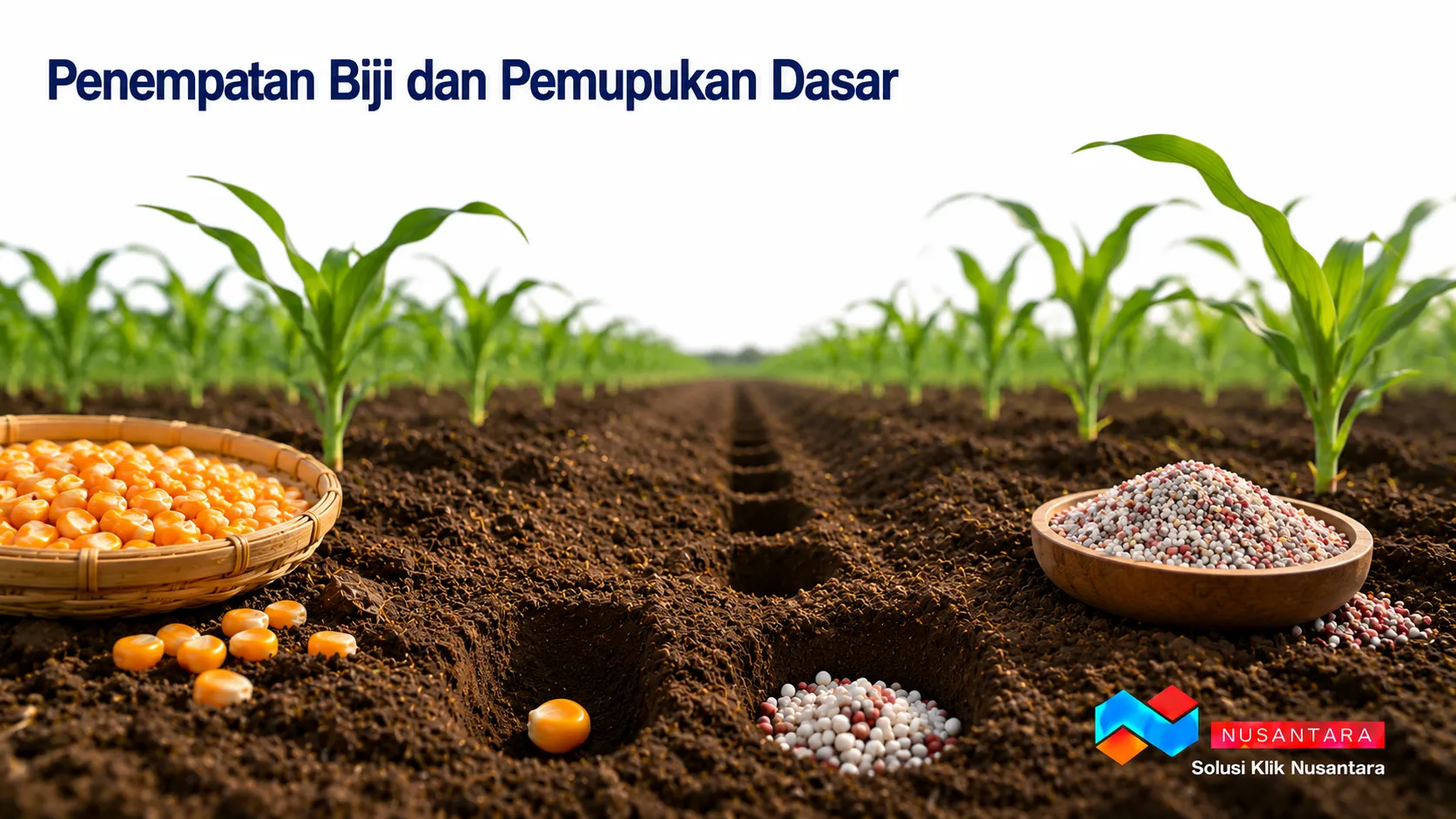 Banner menampilkan benih jagung yang ditempatkan pada lubang tanam terpisah dari pupuk dasar sebagai ilustrasi penempatan biji dan pemupukan dasar, dilengkapi logo Solusi Klik Nusantara di pojok kanan bawah.