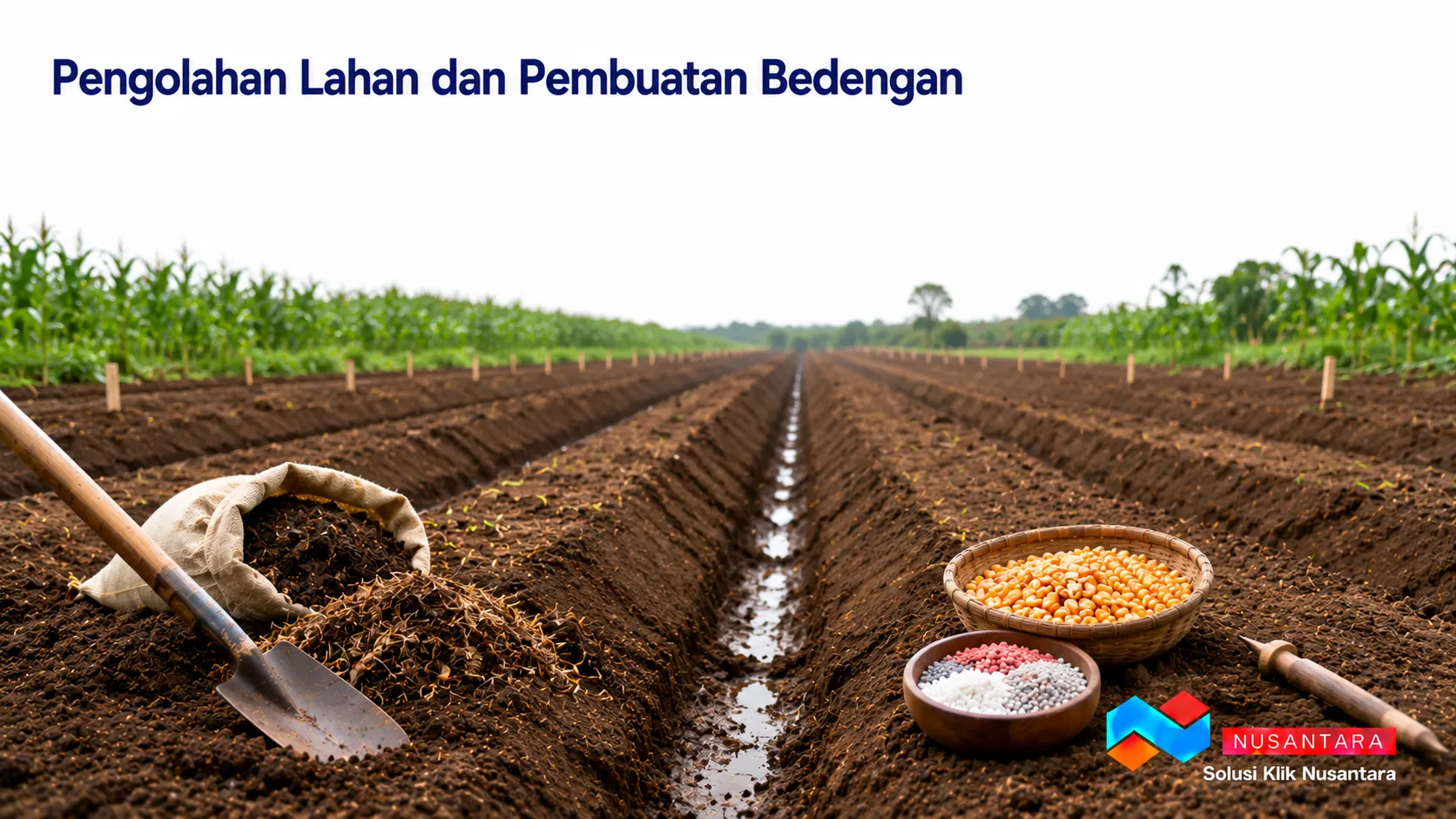 Banner menampilkan lahan yang telah diolah dengan bedengan rapi, benih jagung, dan pupuk sebagai ilustrasi pengolahan lahan dan pembuatan bedengan, dilengkapi logo Solusi Klik Nusantara di pojok kanan bawah.