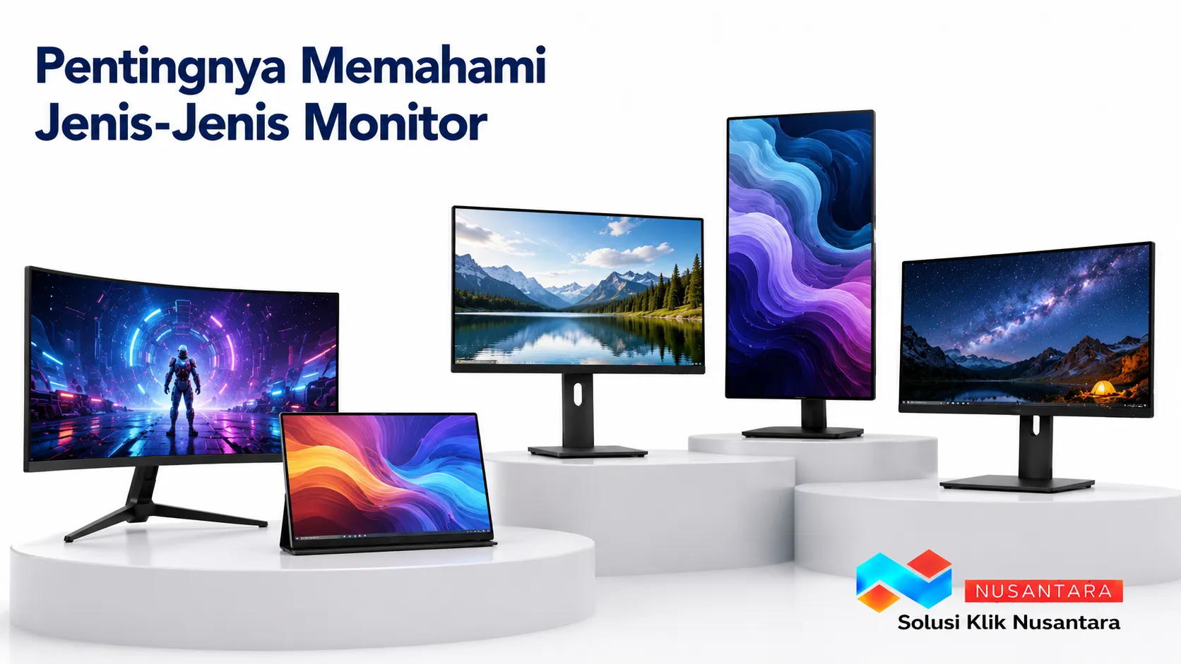 Berbagai jenis monitor modern dengan teknologi panel berbeda ditampilkan pada meja kerja sebagai ilustrasi pemilihan monitor sesuai kebutuhan penggunaan.