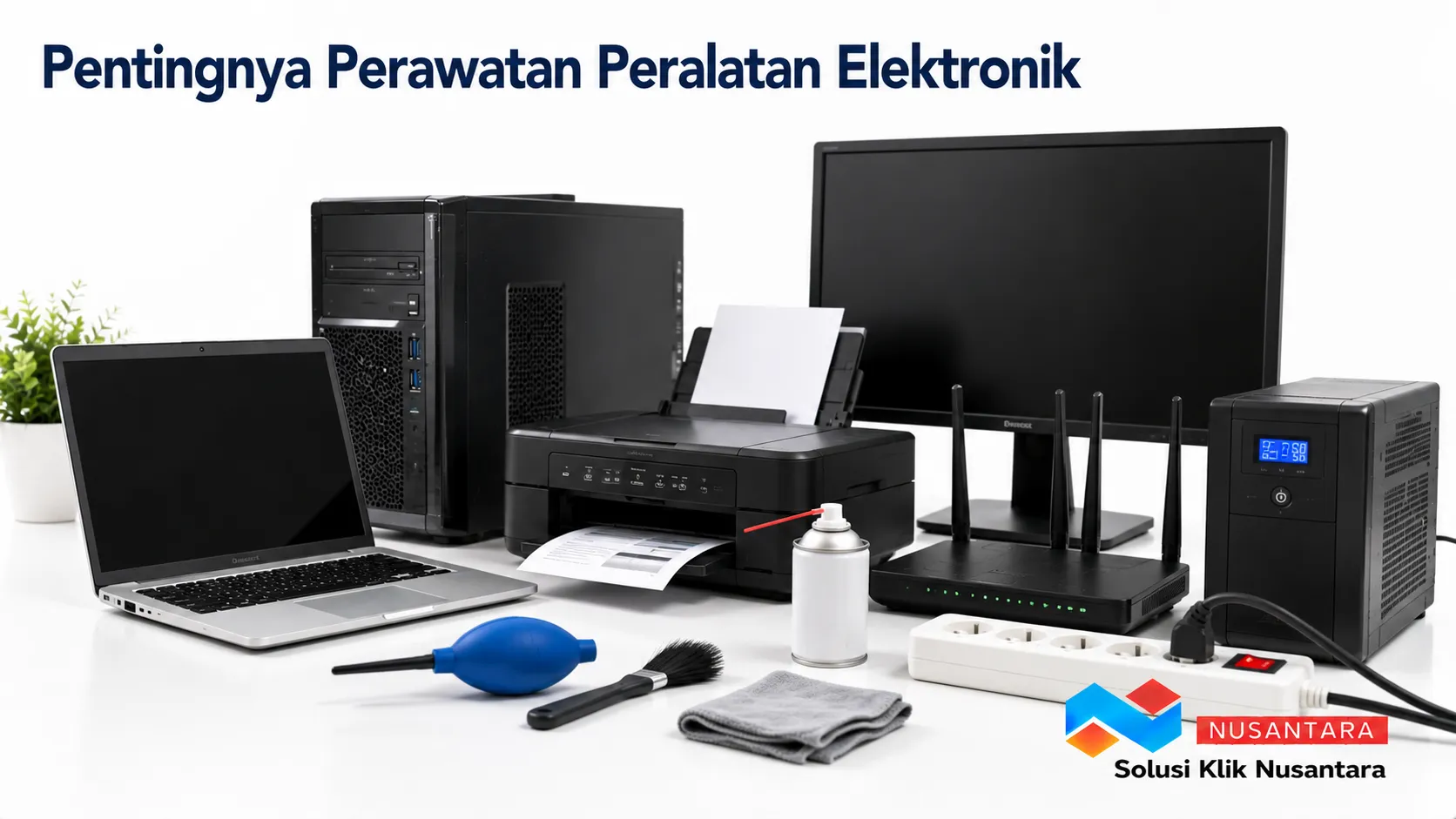 Banner yang menampilkan berbagai peralatan elektronik kantor seperti laptop, komputer, printer, monitor, router, dan UPS dengan perlengkapan perawatan untuk menggambarkan pentingnya menjaga performa perangkat elektronik.