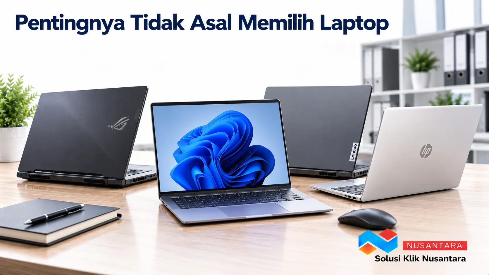 Beberapa laptop dengan spesifikasi berbeda ditampilkan sebagai ilustrasi pentingnya memilih laptop yang sesuai dengan kebutuhan penggunaan.