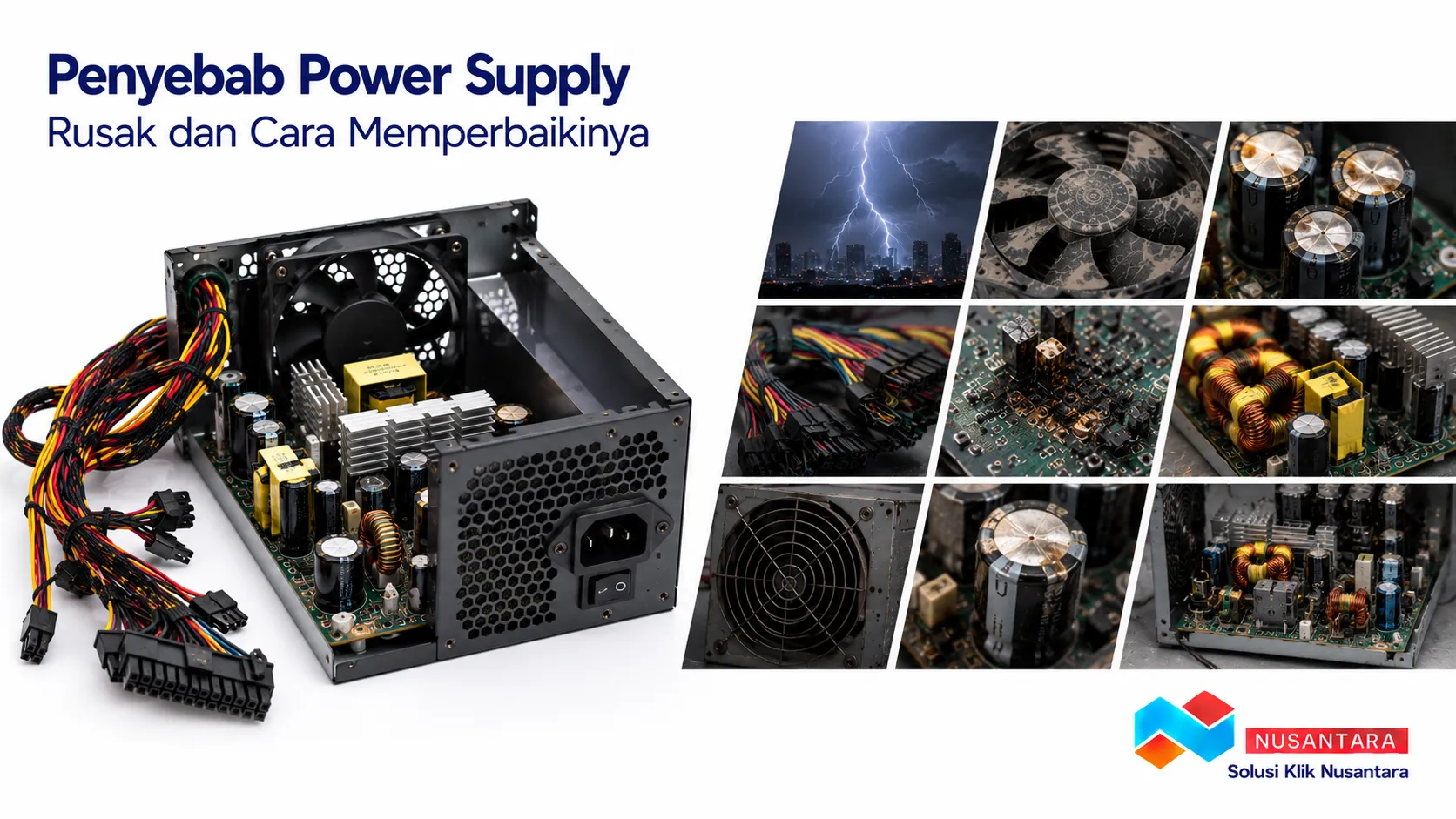 Banner menampilkan foto realistis power supply dengan komponen internal sebagai ilustrasi penyebab kerusakan dan proses pemeriksaan, disertai logo Solusi Klik Nusantara di pojok kanan bawah.
