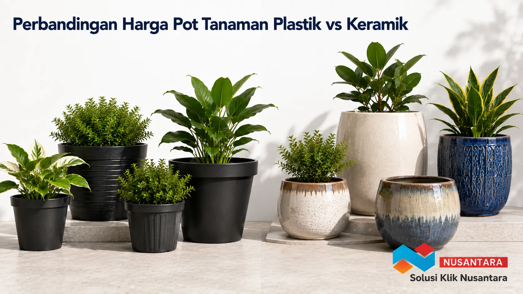 Perbandingan pot tanaman plastik dan keramik dengan berbagai ukuran sebagai ilustrasi perbedaan harga berdasarkan material.
