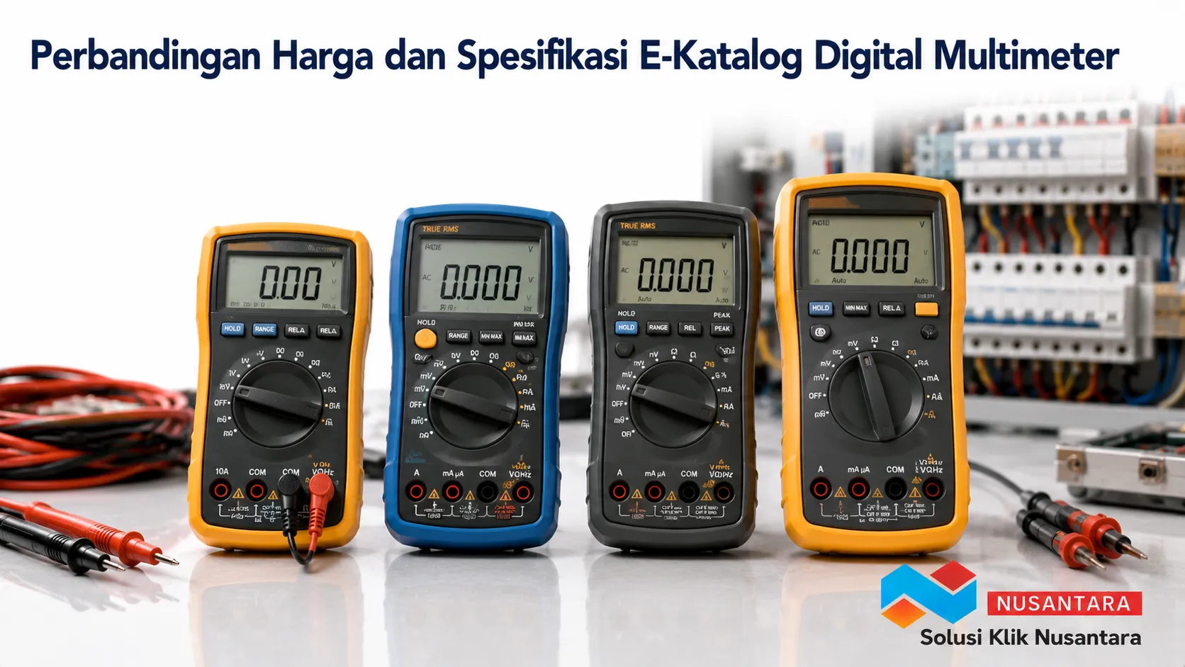 Berbagai digital multimeter dengan spesifikasi berbeda sebagai ilustrasi perbandingan harga dan fitur untuk kebutuhan pengadaan instansi.