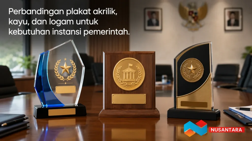 Perbandingan plakat akrilik, kayu, dan logam untuk kebutuhan instansi pemerintah.