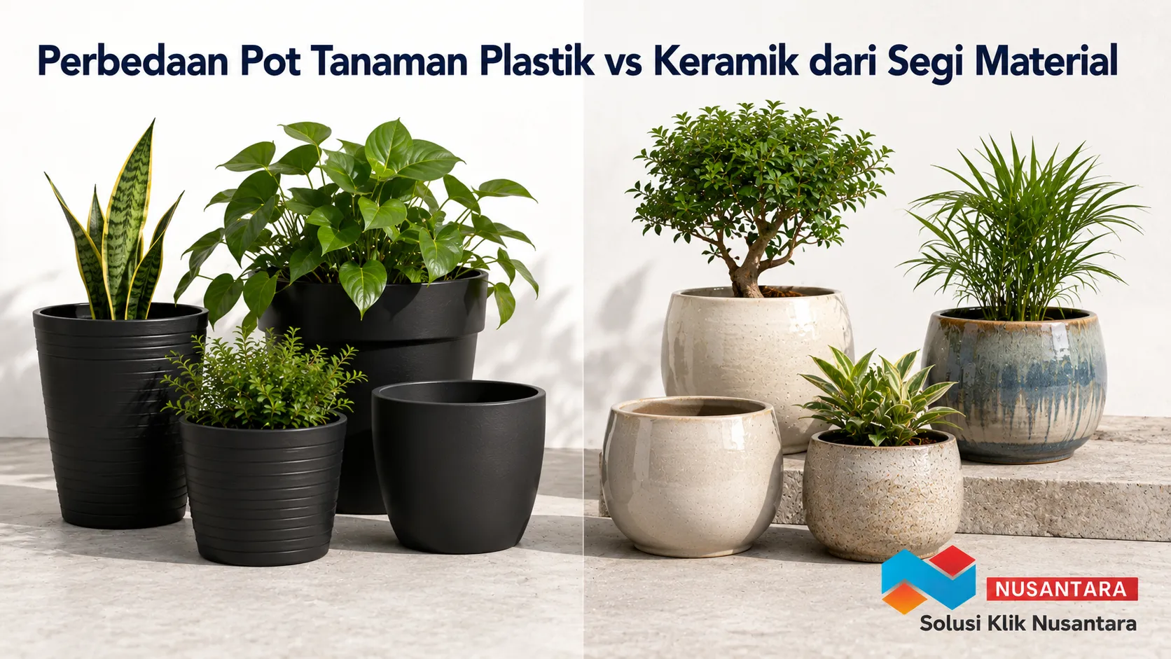Perbandingan pot tanaman plastik dan keramik dengan berbagai desain sebagai ilustrasi perbedaan material untuk kebutuhan taman.