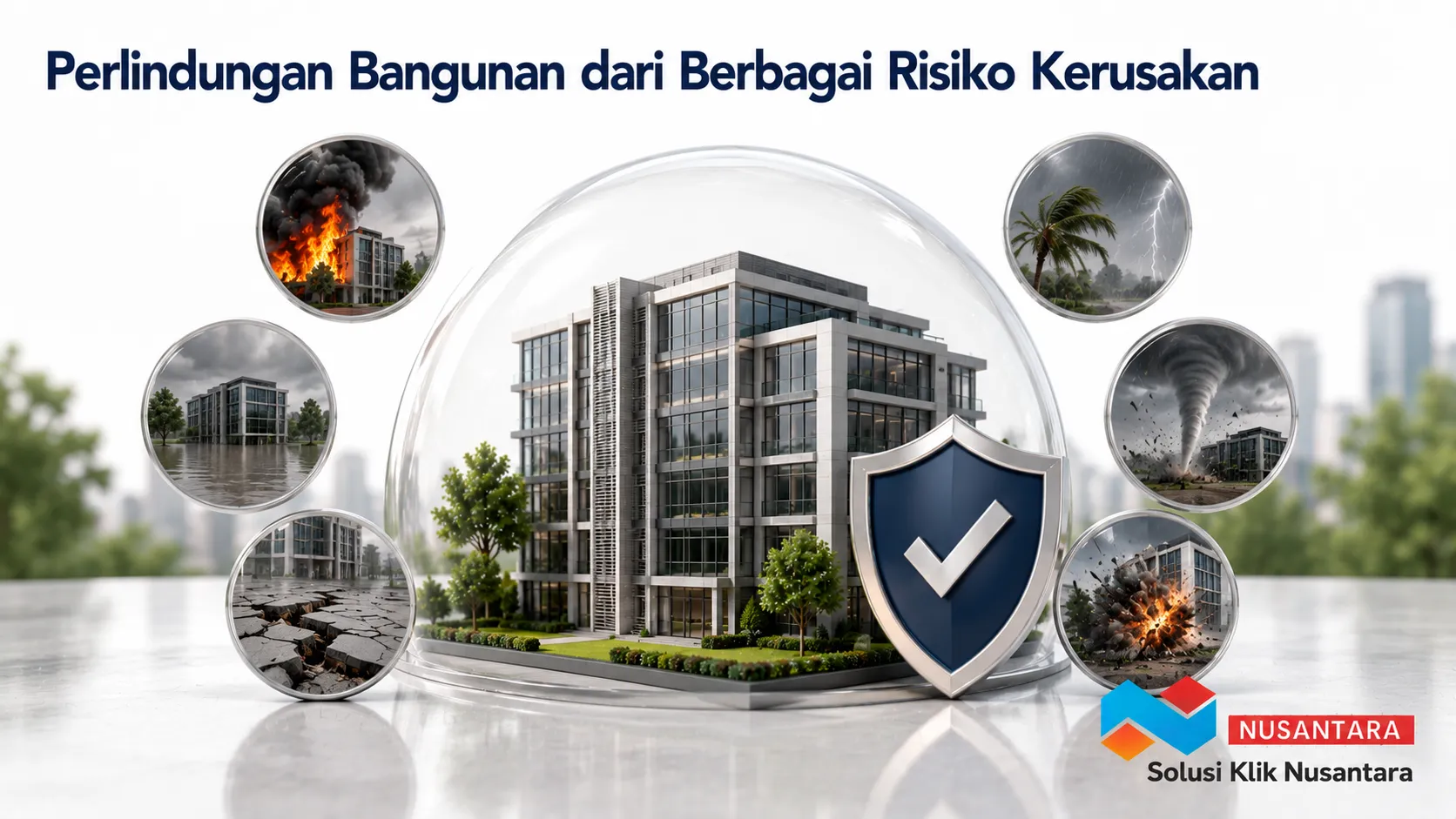 Ilustrasi gedung modern dengan perlindungan asuransi terhadap berbagai risiko kerusakan seperti kebakaran dan bencana alam.