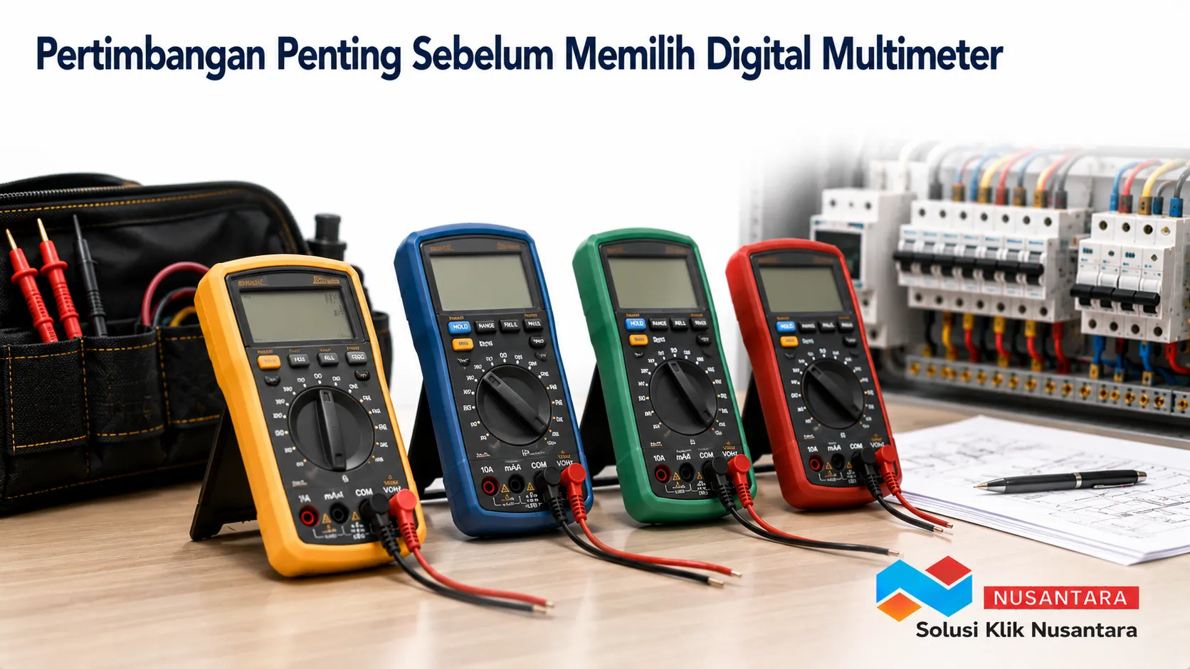 Digital multimeter pada meja kerja teknisi sebagai ilustrasi pertimbangan memilih alat ukur listrik berdasarkan spesifikasi, akurasi, dan kebutuhan penggunaan.