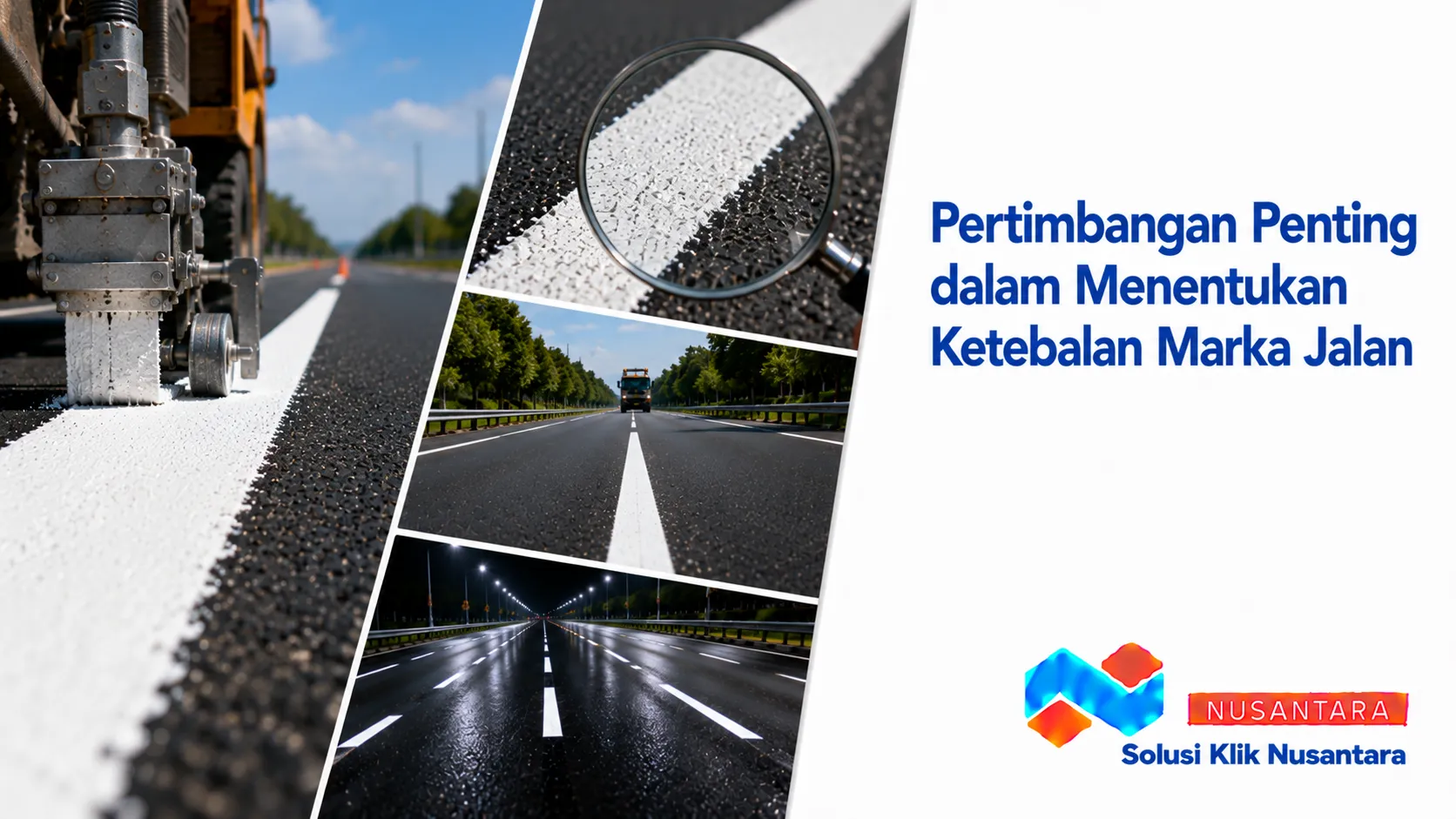 Pemeriksaan ketebalan marka jalan menggunakan alat ukur pada garis marka untuk memastikan hasil aplikasi sesuai standar kualitas konstruksi.