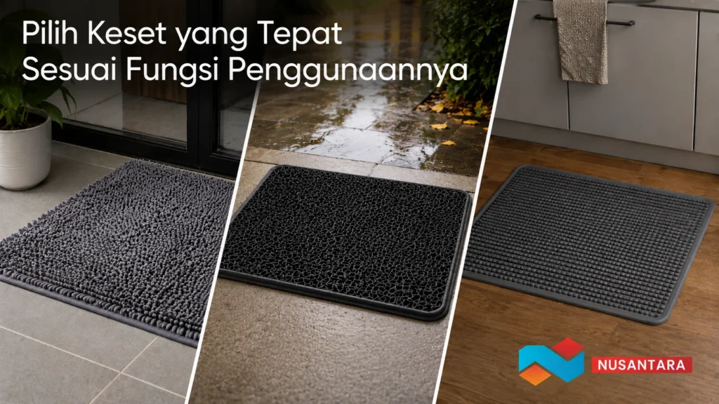 Banner pemilihan keset sesuai fungsi penggunaan dengan berbagai jenis keset realistis.