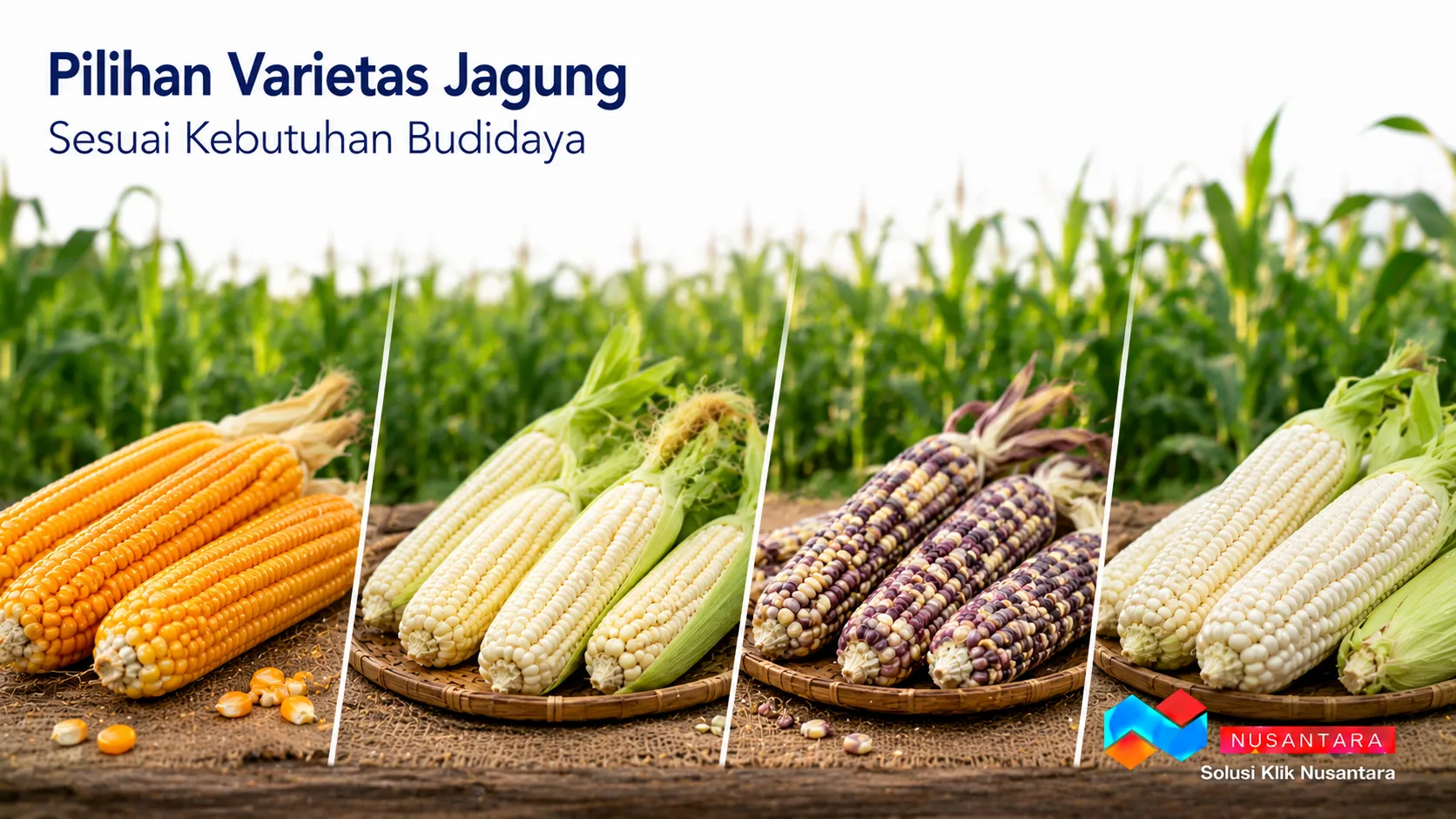 Banner menampilkan beberapa varietas jagung berkualitas sebagai ilustrasi pemilihan benih sesuai kebutuhan budidaya, disertai logo Solusi Klik Nusantara di pojok kanan bawah.