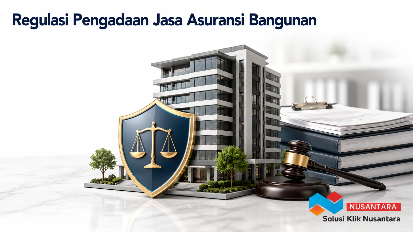 Ilustrasi gedung modern dengan dokumen hukum sebagai gambaran regulasi pengadaan jasa asuransi bangunan.